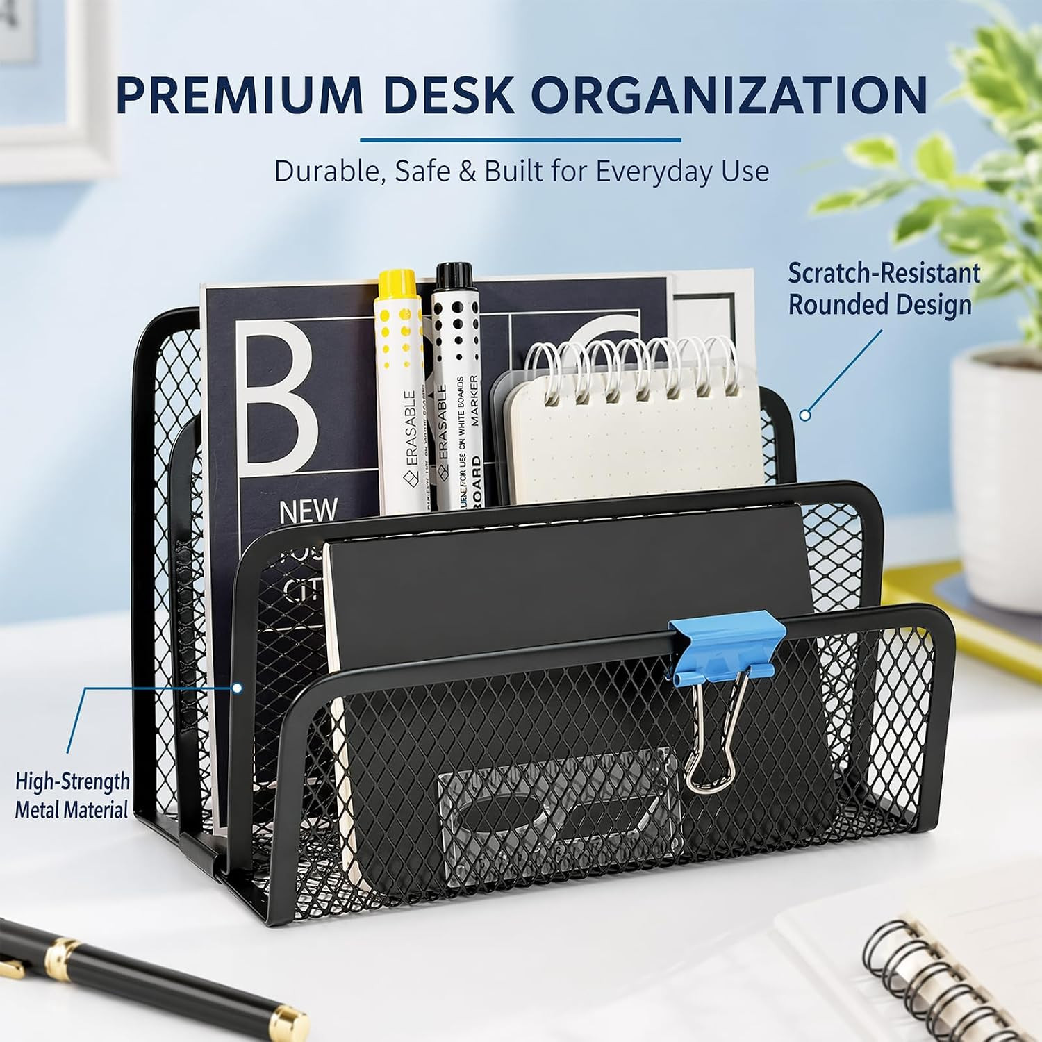 2Pcs Mail Organizer for Desk, 3-Slot Mesh Metal Mail Holder Countertop, Letter H