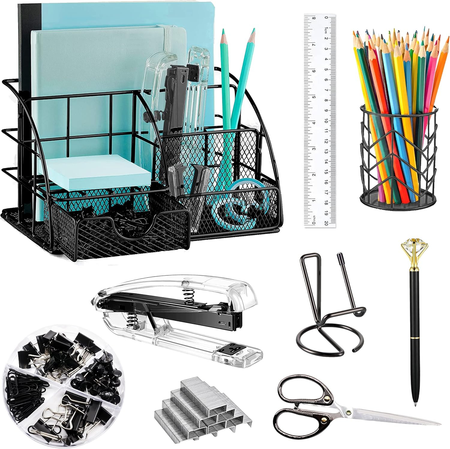 Black Desk Organizers and Accessories Office Supplies Set Stapler, Pen Holder, P