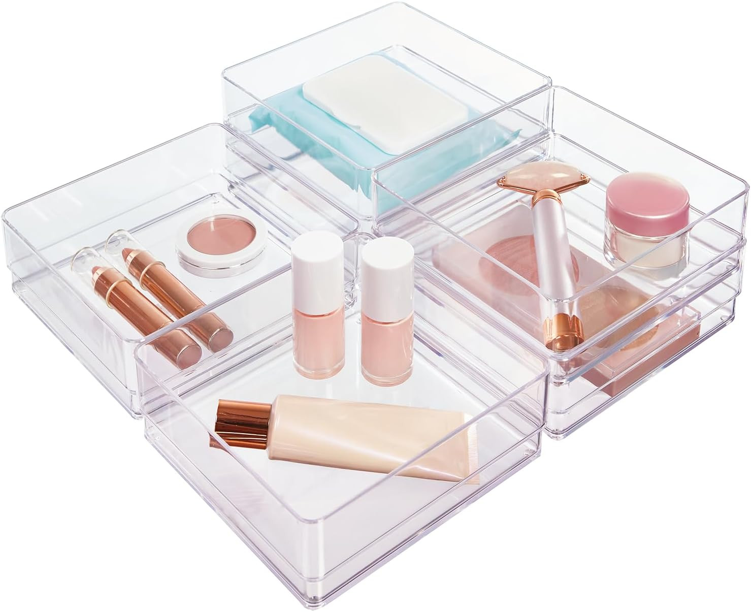 6-Piece Stackable Clear Drawer Organizer Trays 6x6x2 Square Storage Bins
