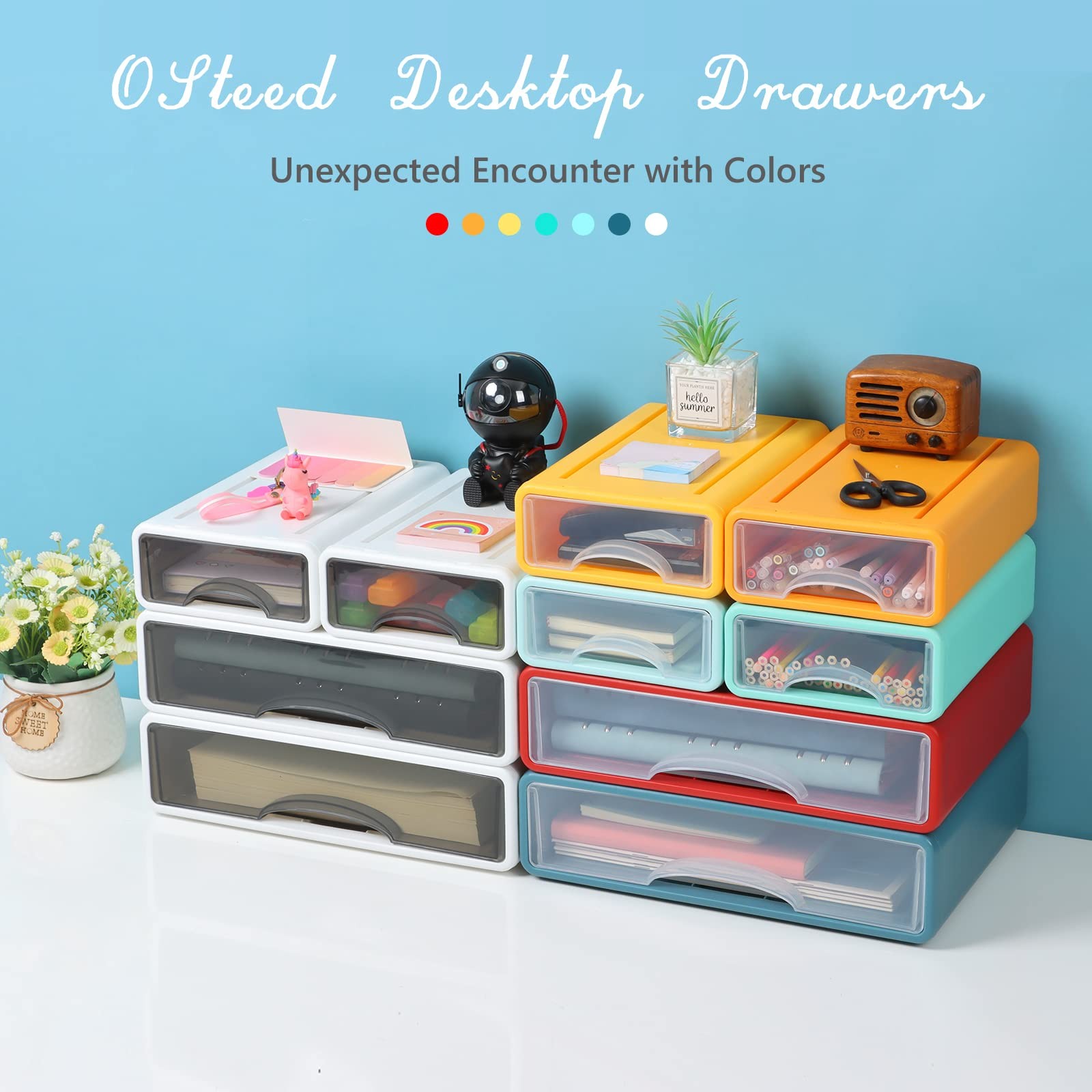 OSteed White Desktop Drawers for Paper, Stackable 3 Mixed Drawers,