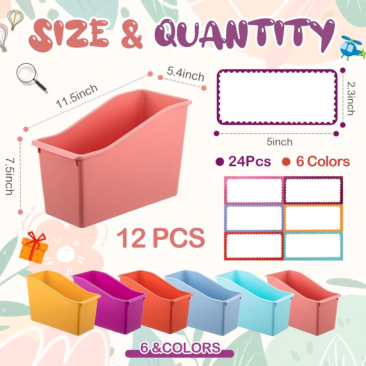 12 Pcs Book Bin for Classroom with Labels Stackable Plastic Organizing Bins 11.5