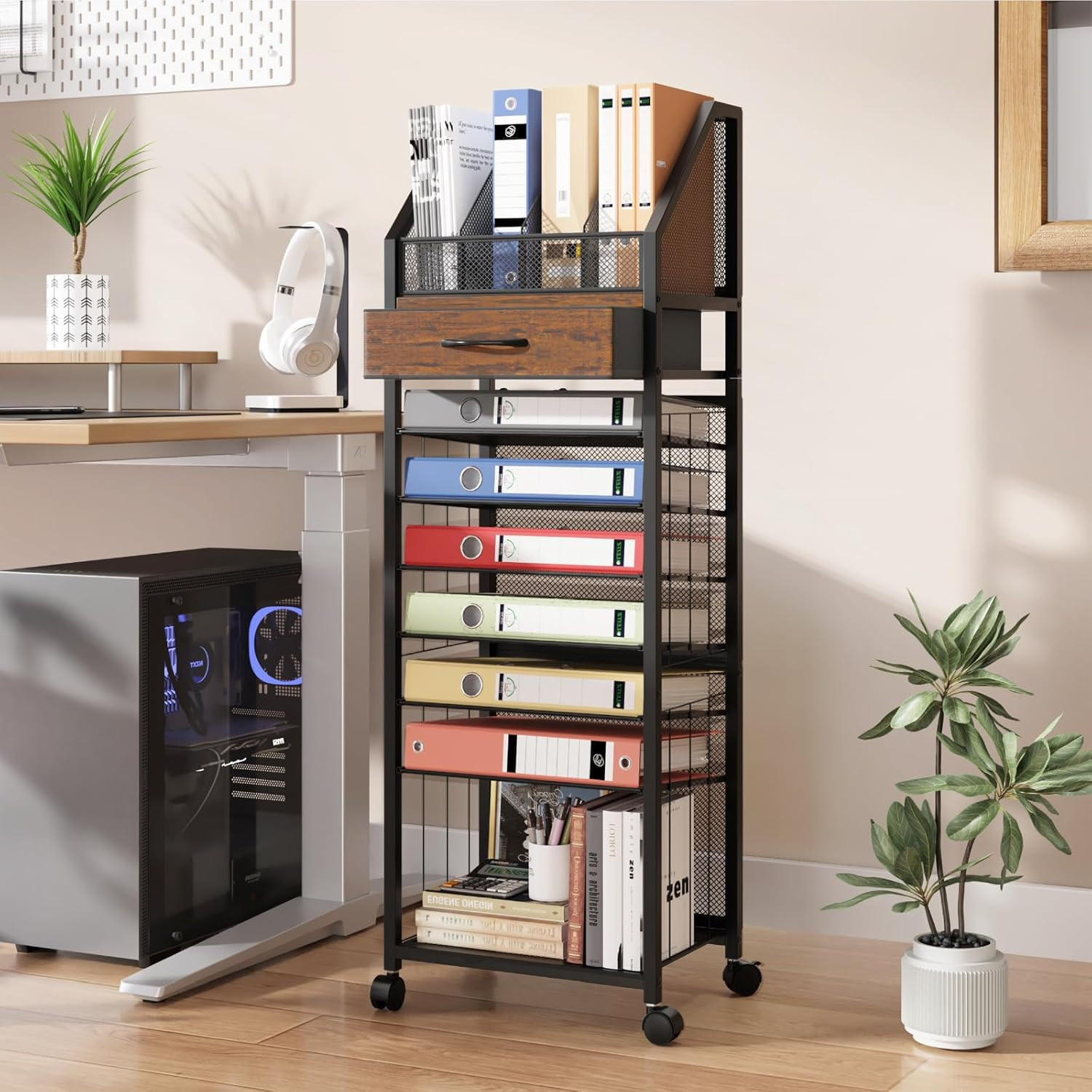 9-Tier Rolling File Cart – Paper Organizer with Drawer and Trays, Wood Desk Offi