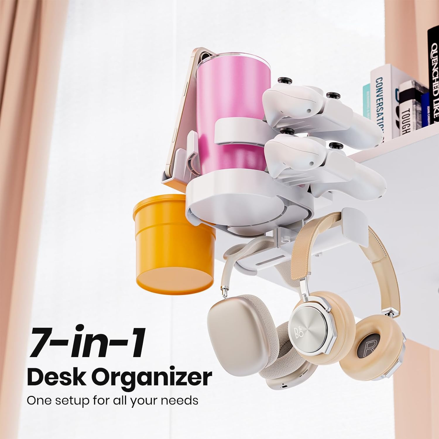 7-In-1 Desk Organizer with Cup Holder, Snack Bucket & Phone Stand – White