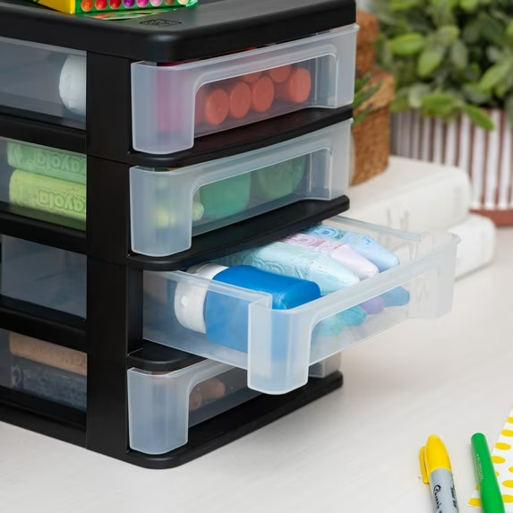 IRIS Small 4-Drawer Compact Desktop Organizer, Stacking Desktop Unit, Black-Clea