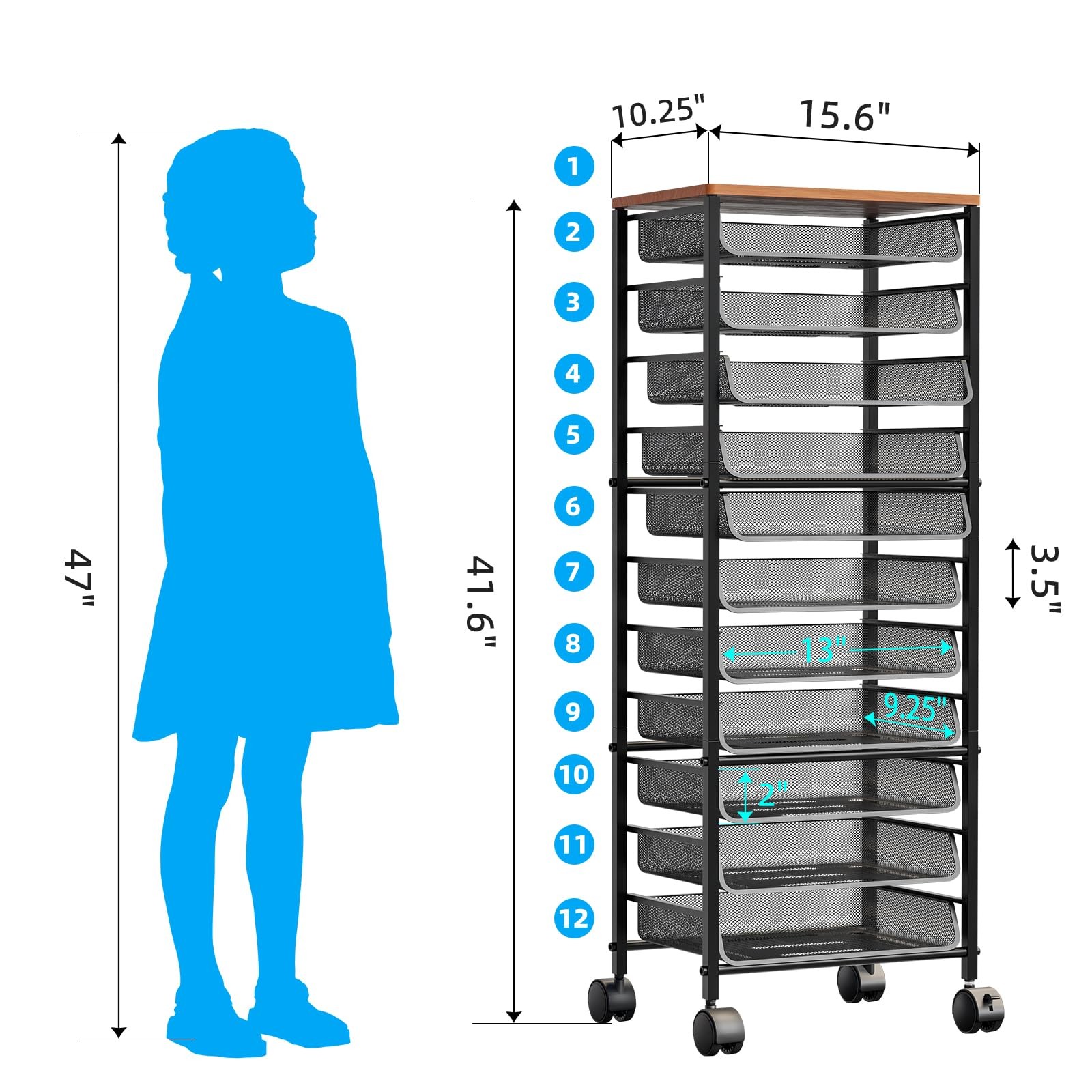 Simple Trending 12-Tier Rolling File Cart, Desk File Organizer with 11 Mesh S…