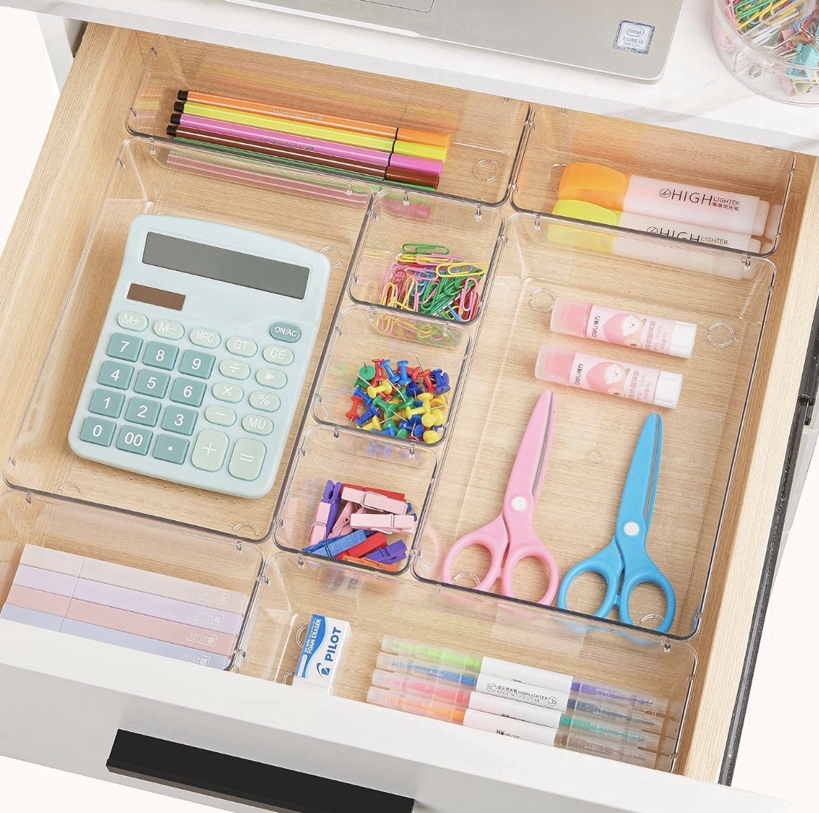 25 Pack Clear Plastic Drawer Organizer Trays Set 4 Sizes Non-Slip 100 Feet