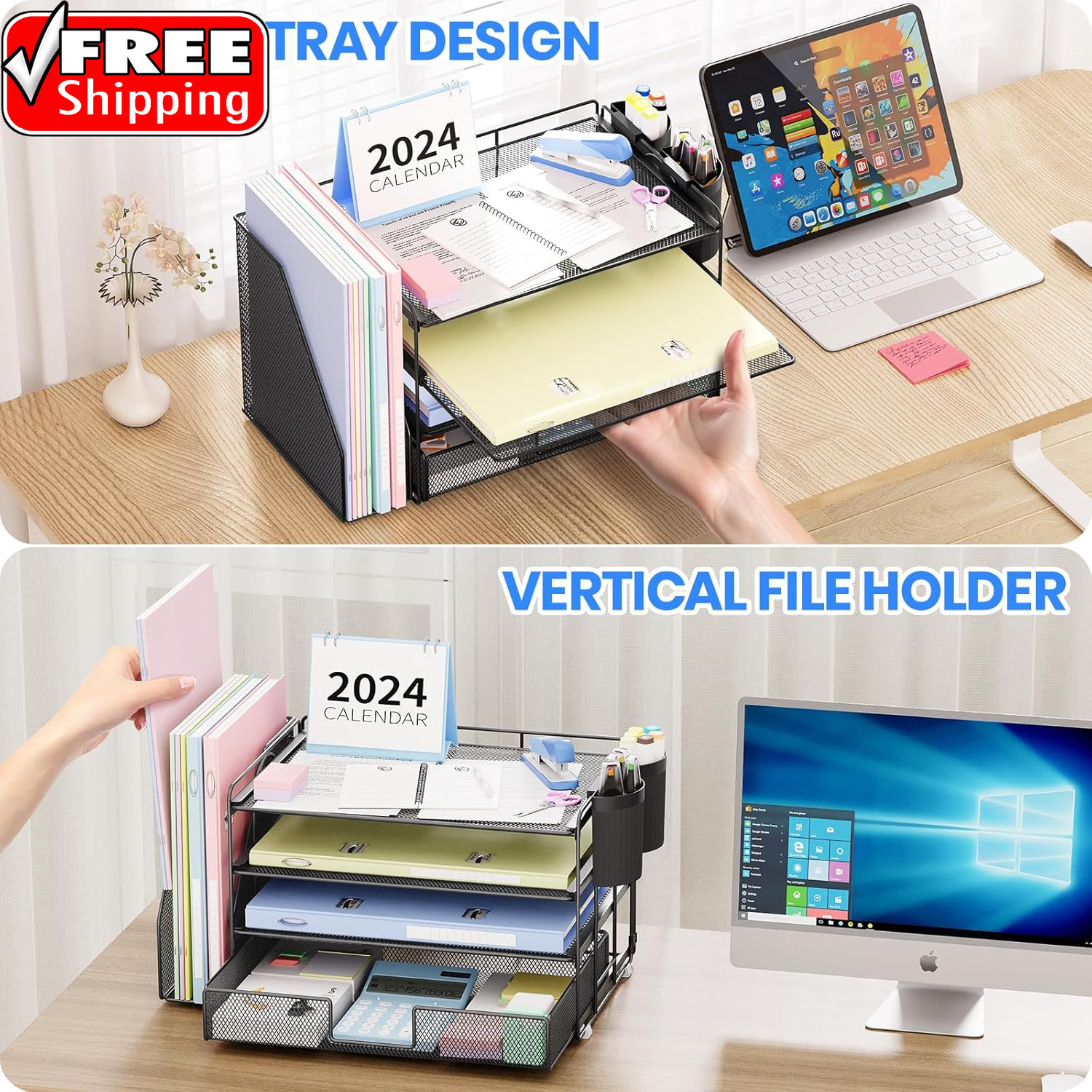 Desk Organizer, 4-Tier Desktop File Organizer with Drawer and 2 Pen Holders, Off