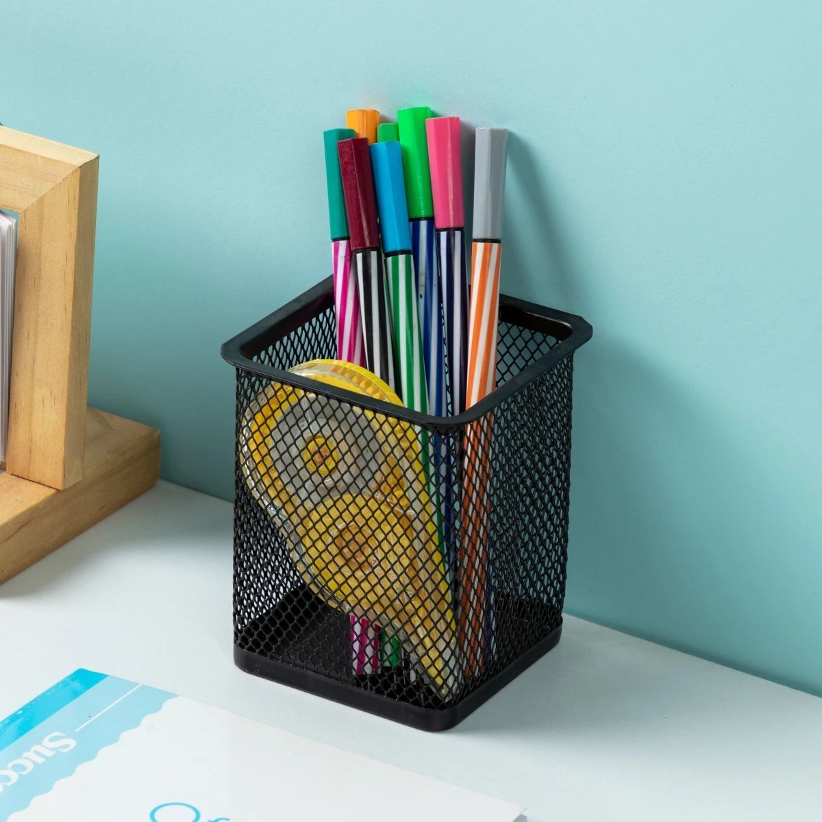 MOTARRO 1Pcs Pencil Holder Office Desk Metal Mesh Square Round Pen Pot Cup Case