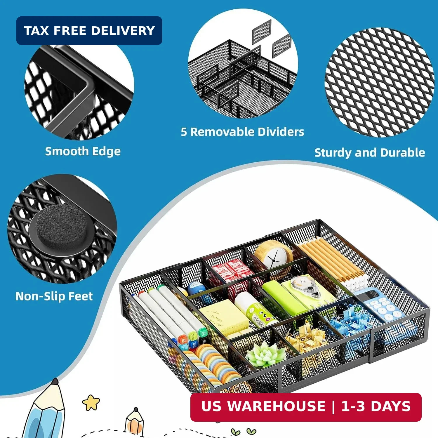 Marbrasse Expandable Desk Drawer Organizer, Mesh Drawer Organizer Tray with 10 A
