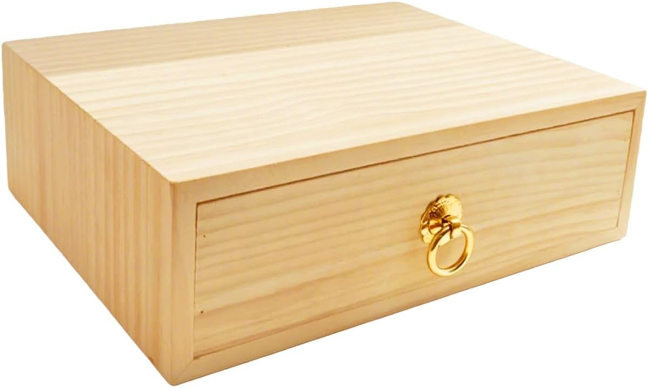 Natural Wooden Storage Box with Single Drawer for Desk Home Office Crafts