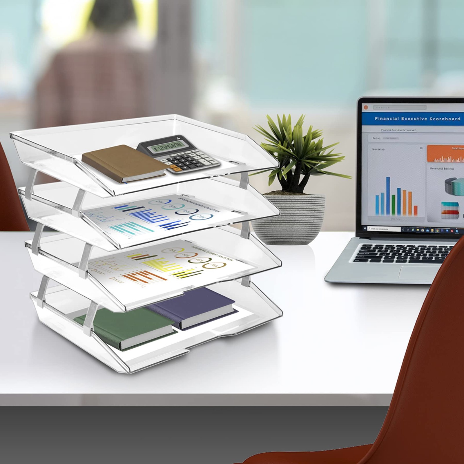 Clear Heavy Duty 4Tier Plastic Stackable Letter Paper Tray Desk Organizer