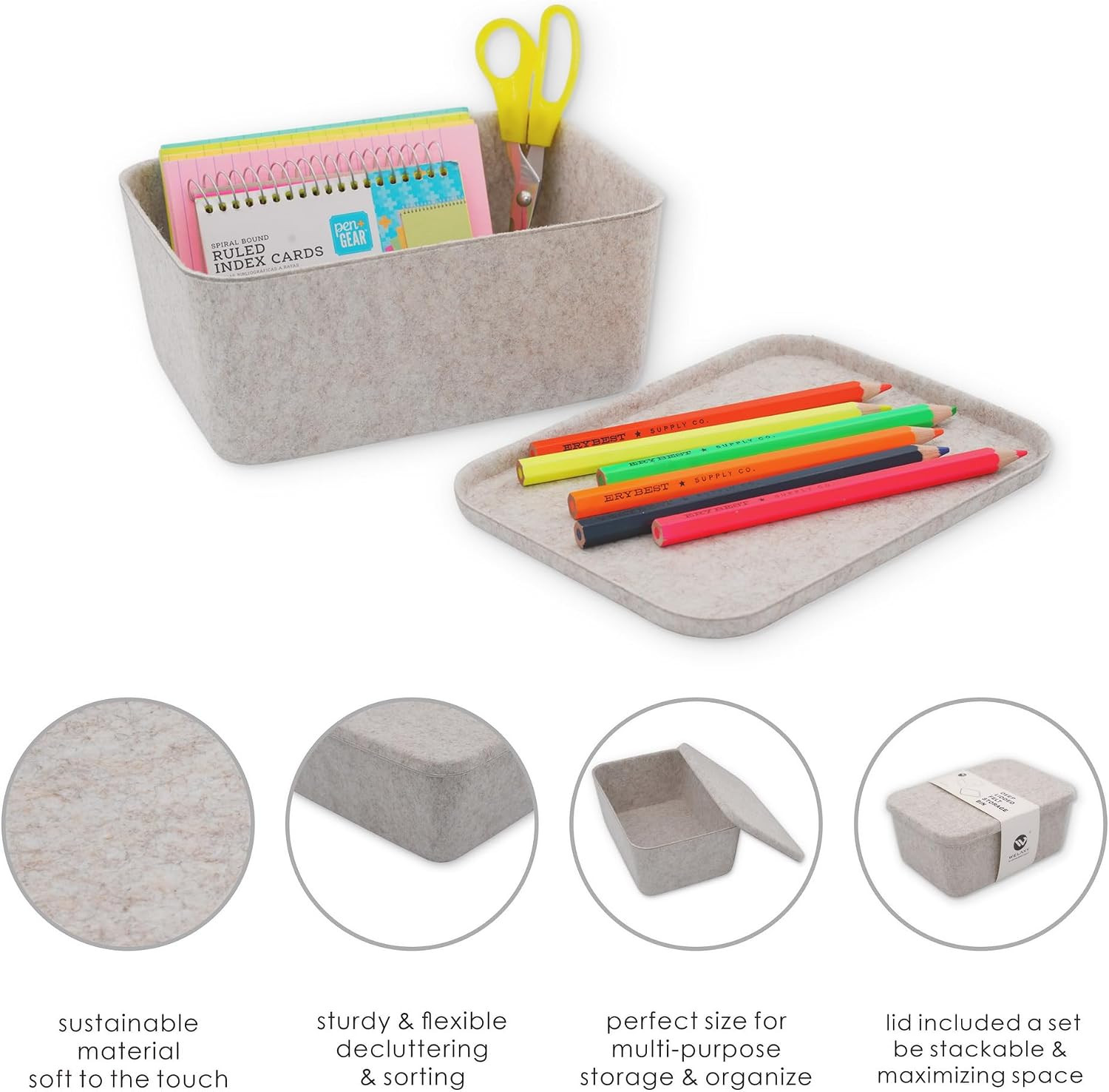 Deep Felt Desk Organizer Bins with Lids for Office & Home Decluttering (Oatmeal)
