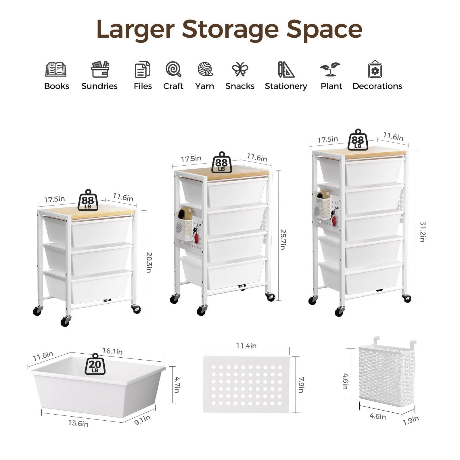 Rolling Cart with 4 Drawers, Plastic Drawer Storage 4-drawer, Bright White