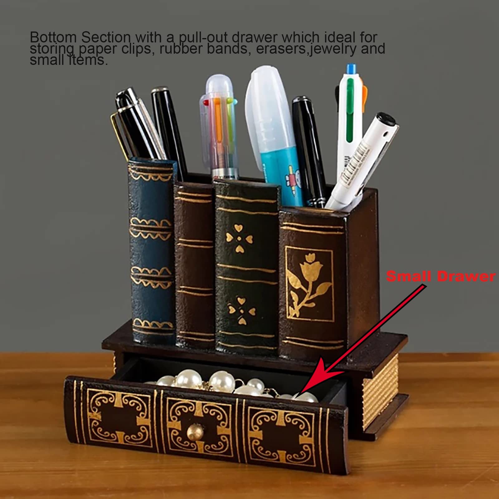 Sokelinn-six Wood Pen Holder Library Book Shaped, Wooden Pencil Holders brown