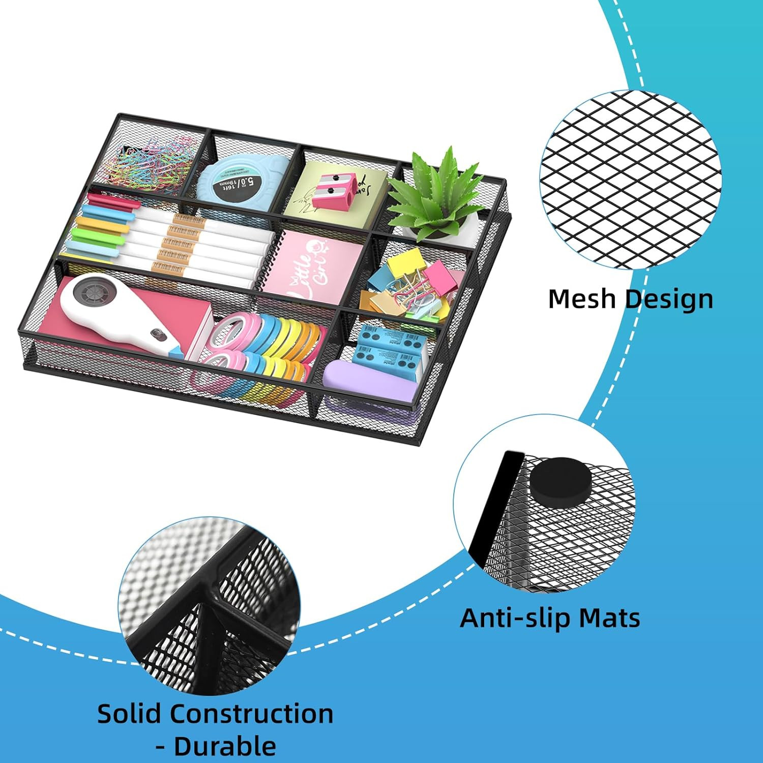 2 Pack Mesh Drawer Organizer Metal Desk Tray 8 Adjustable Compartments Black