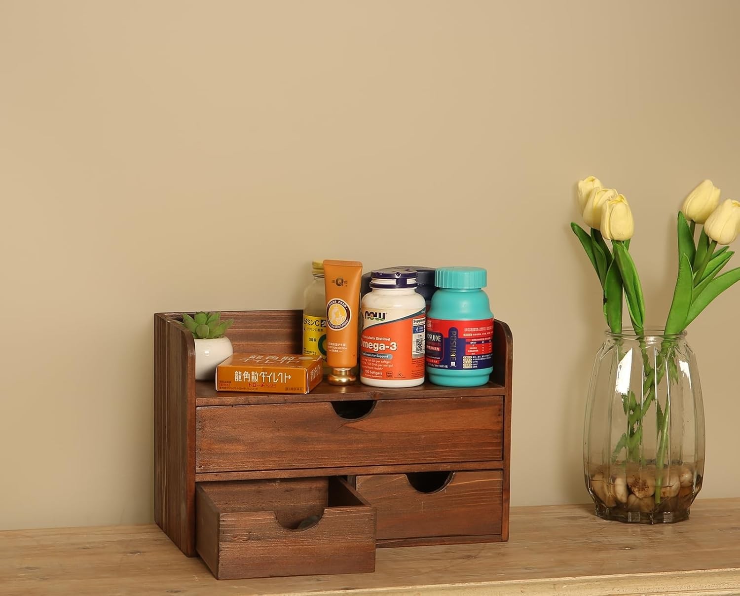 Wooden Desk Organizer 3 Drawers Shelf Rustic Brown