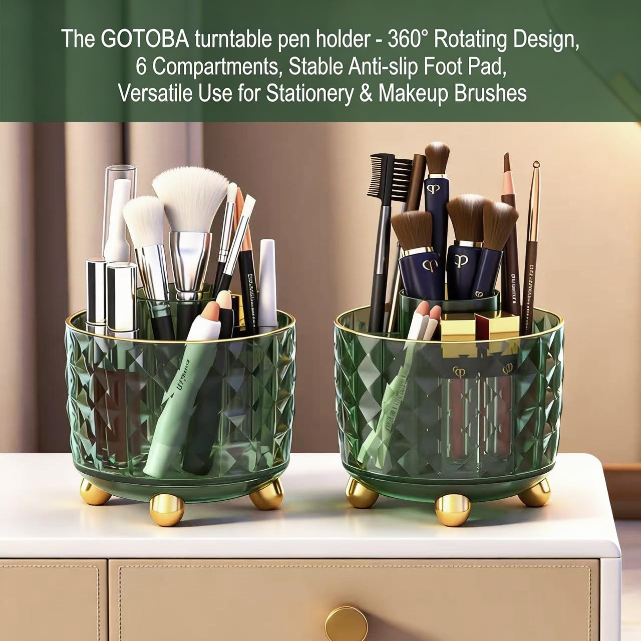 GOTOBA Dark Green Pen Pencil Holder for Desk, 360° Rotating