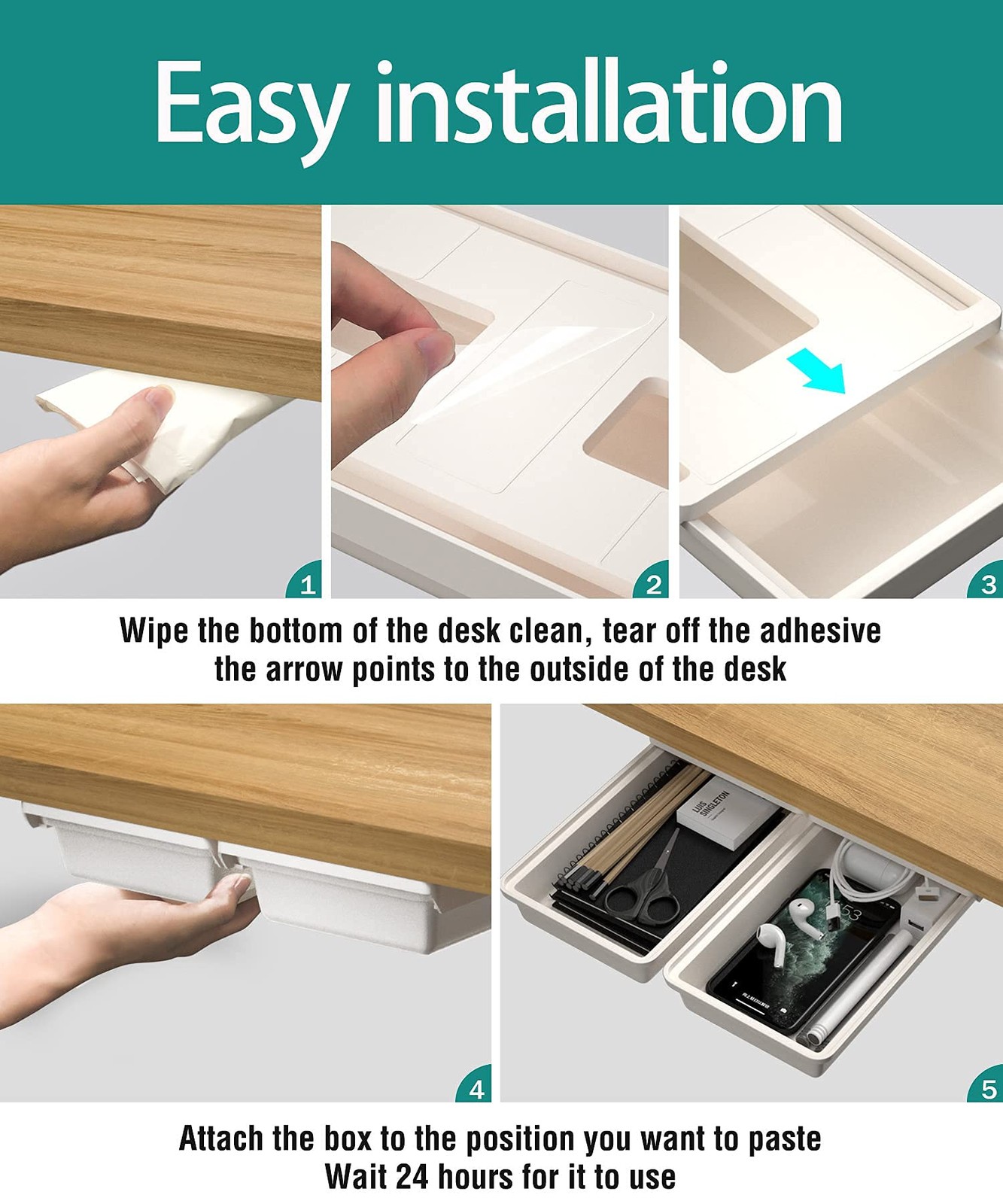2Pack Under Table Desk Drawer Storage Organizer Slide Out, Hidden Self-Adhesi