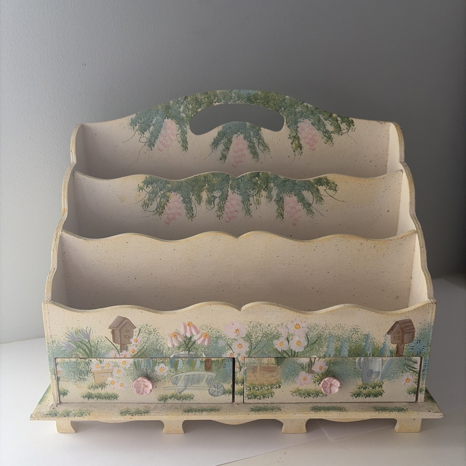 Cottage core Handpainted garden floral Wood Desk Caddy 10 X 5.25 x 8.5″