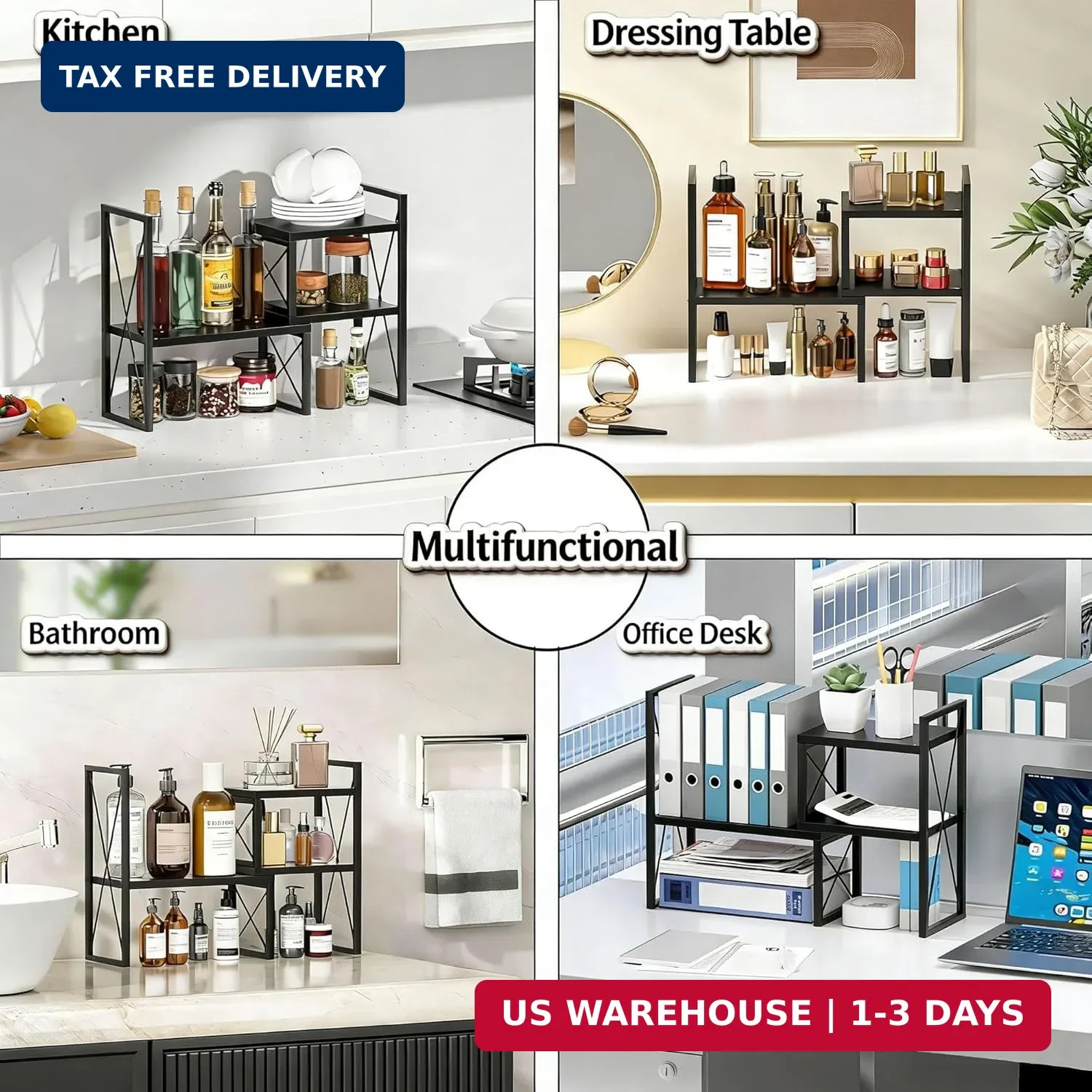 Expandable Desktop Shelf Organizer, 2 Tier Wood Desk Shelf for Office, Metal Cor