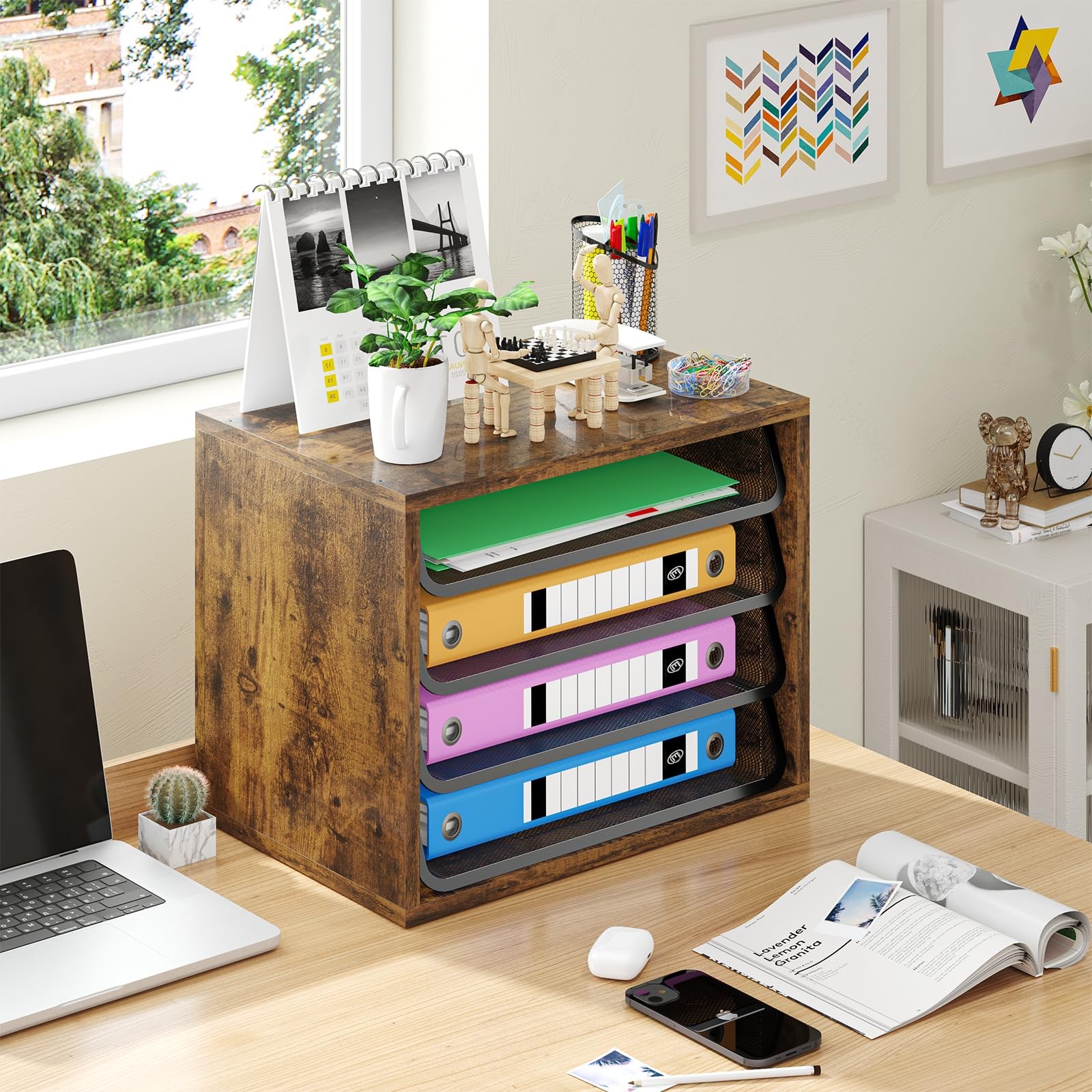 4~Tier Wooden Desk File Organizer with Letter Tray, Rustic Brown