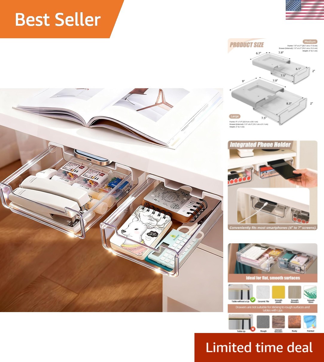 2 Pack Under Desk Storage Drawers Slide Out-Drill-On or Self-Adhesive,Large&M…