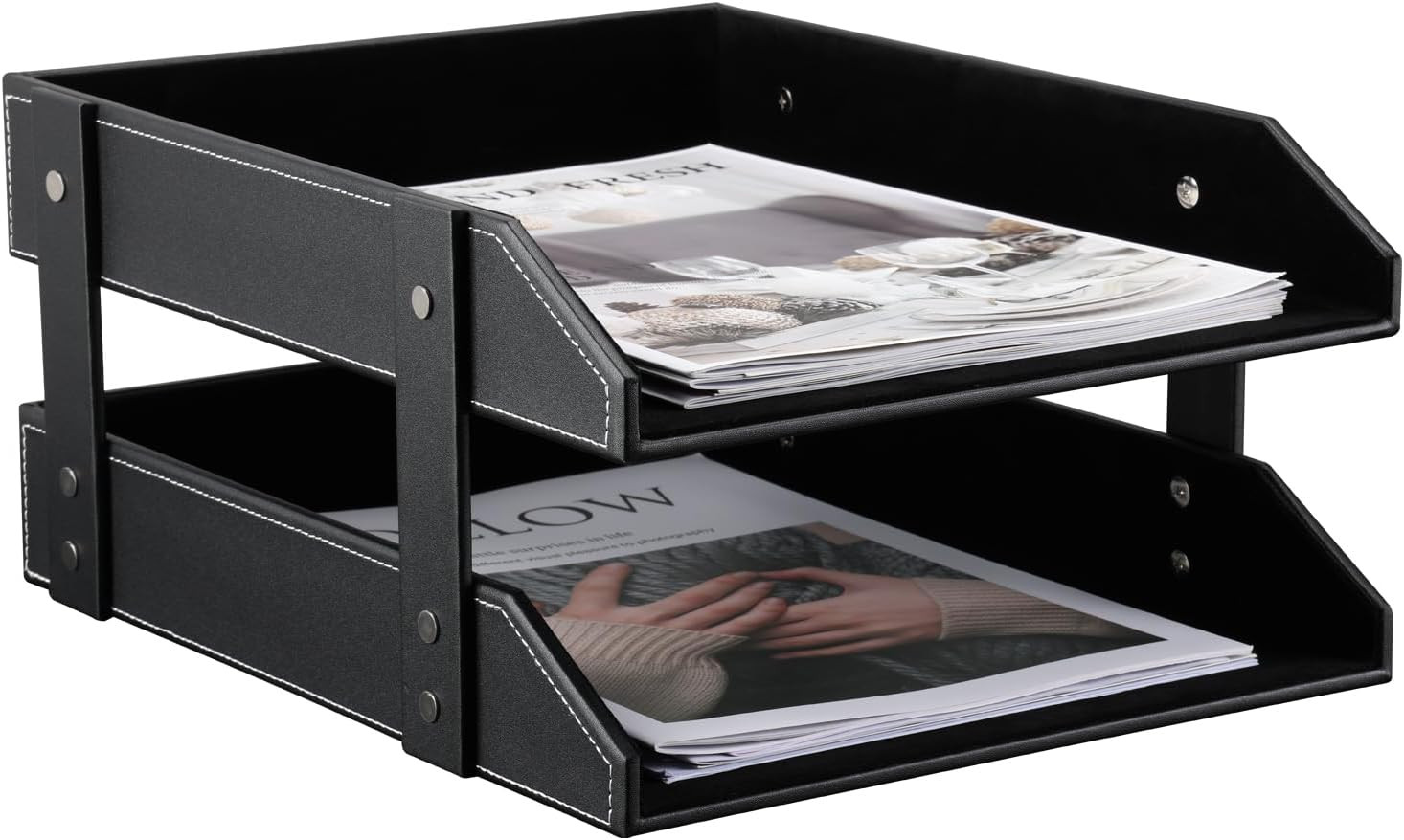Letter Tray, Leather Paper Organizer Tray, Wooden Desk File Holder, Desktop File