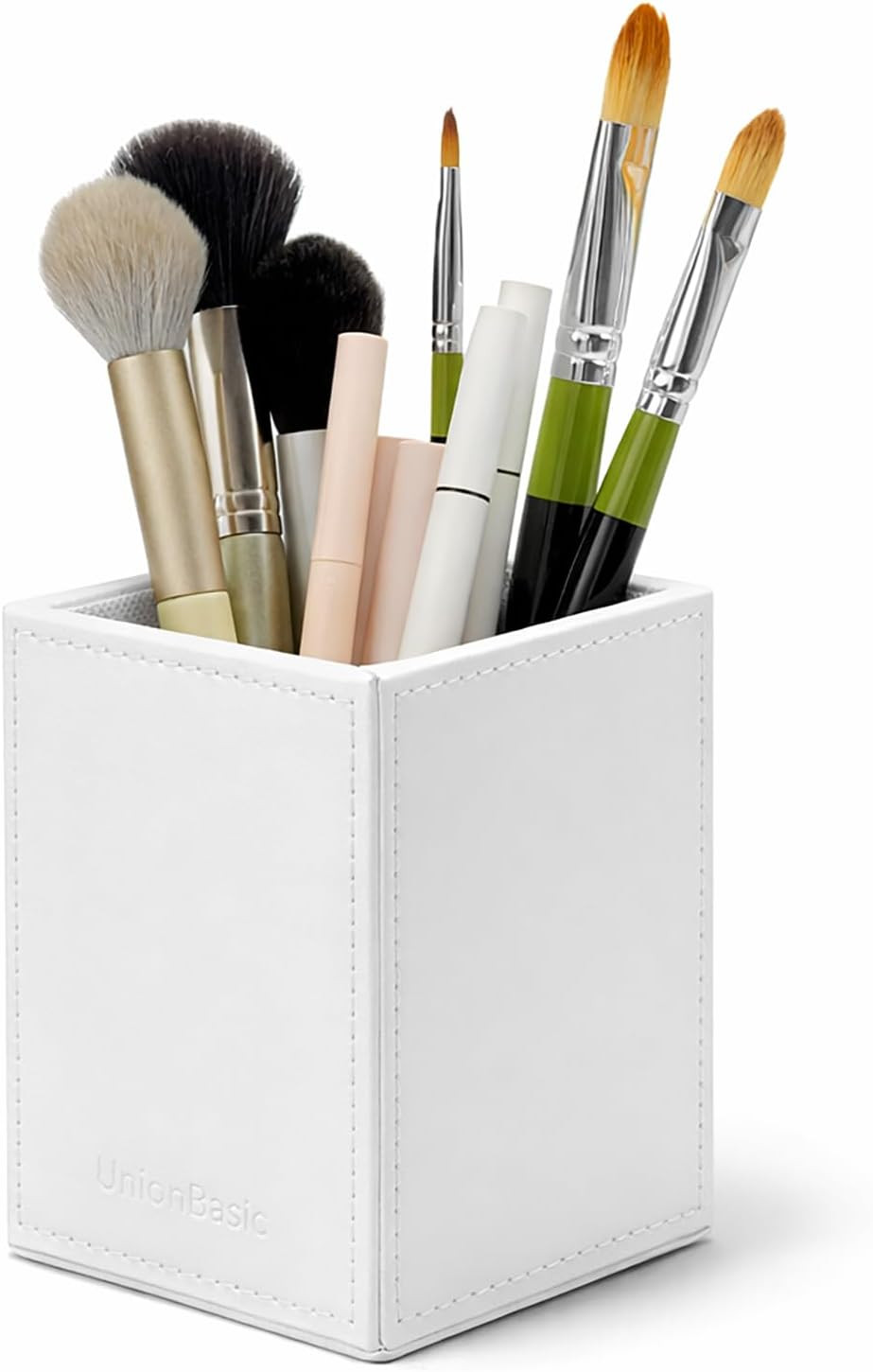 Square Pen Holder Leather Pencil Cup Desktop Caddy Stationery Organizer White