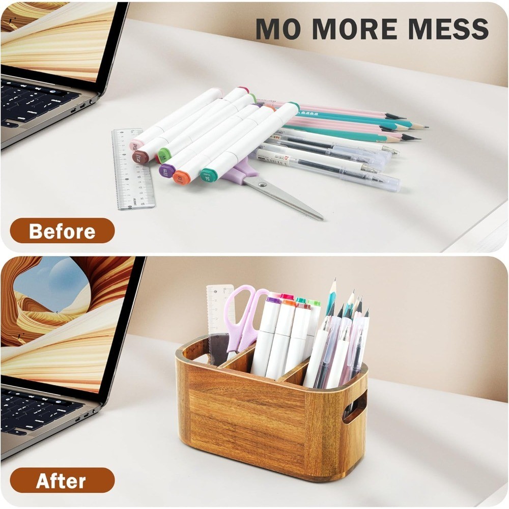 Acacia Pencil Pen Holder for Desk, Wooden Office Organizer with 3 Slots for