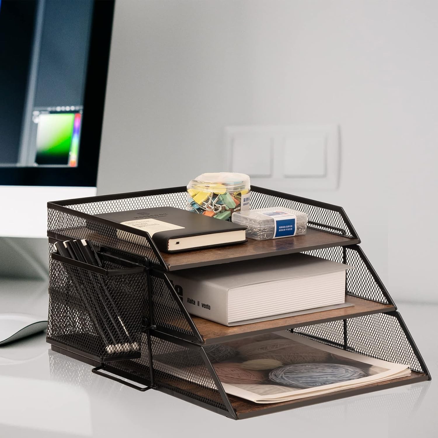 Vintage Wood & Metal Letter Tray， Stackable Desk Organizers Paper Tray， for F…