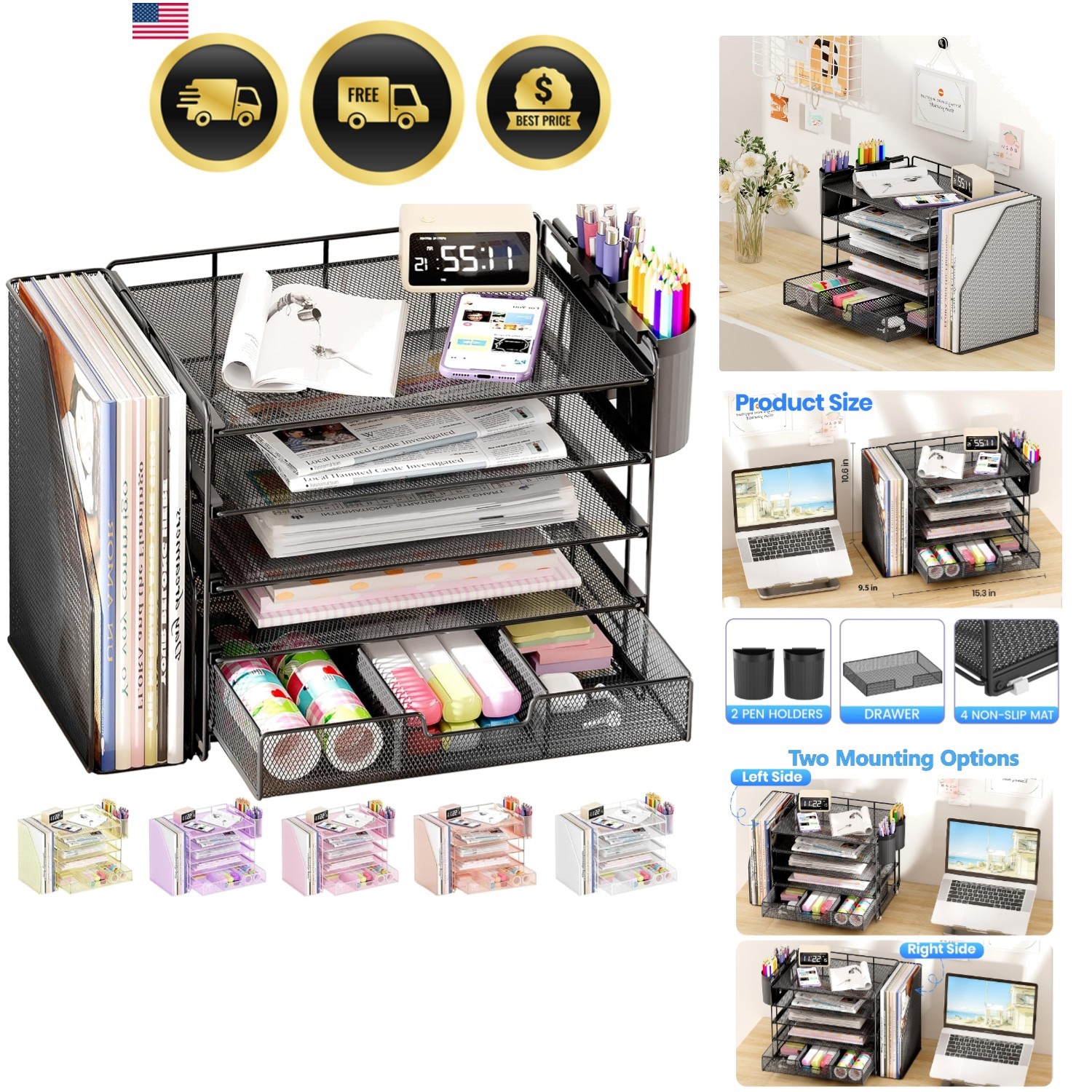Desk Organizer, 5-Tier Paper File Organizer with Drawer & Pen Holder, Office …