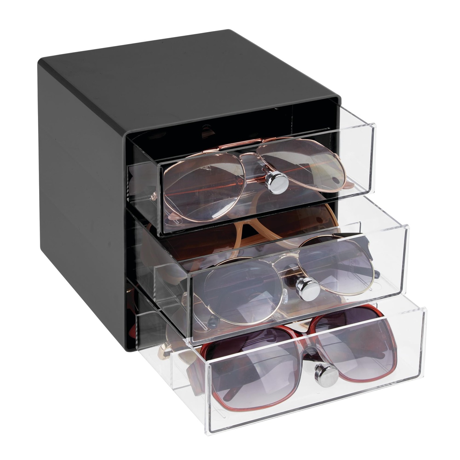 iDesign Divided 3-Drawer Stackable 7 inches x 7 x 7 inches, Black