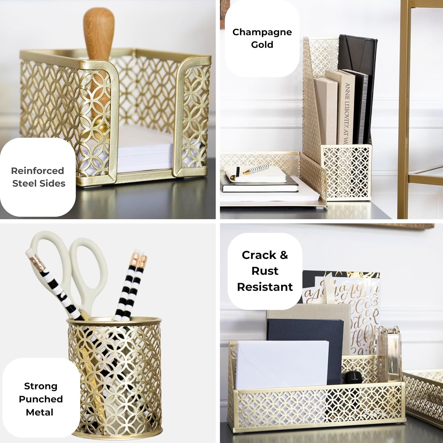 Gold Desk Organizer Set Mail Sorter Pen Holder Letter Tray Office Accessories