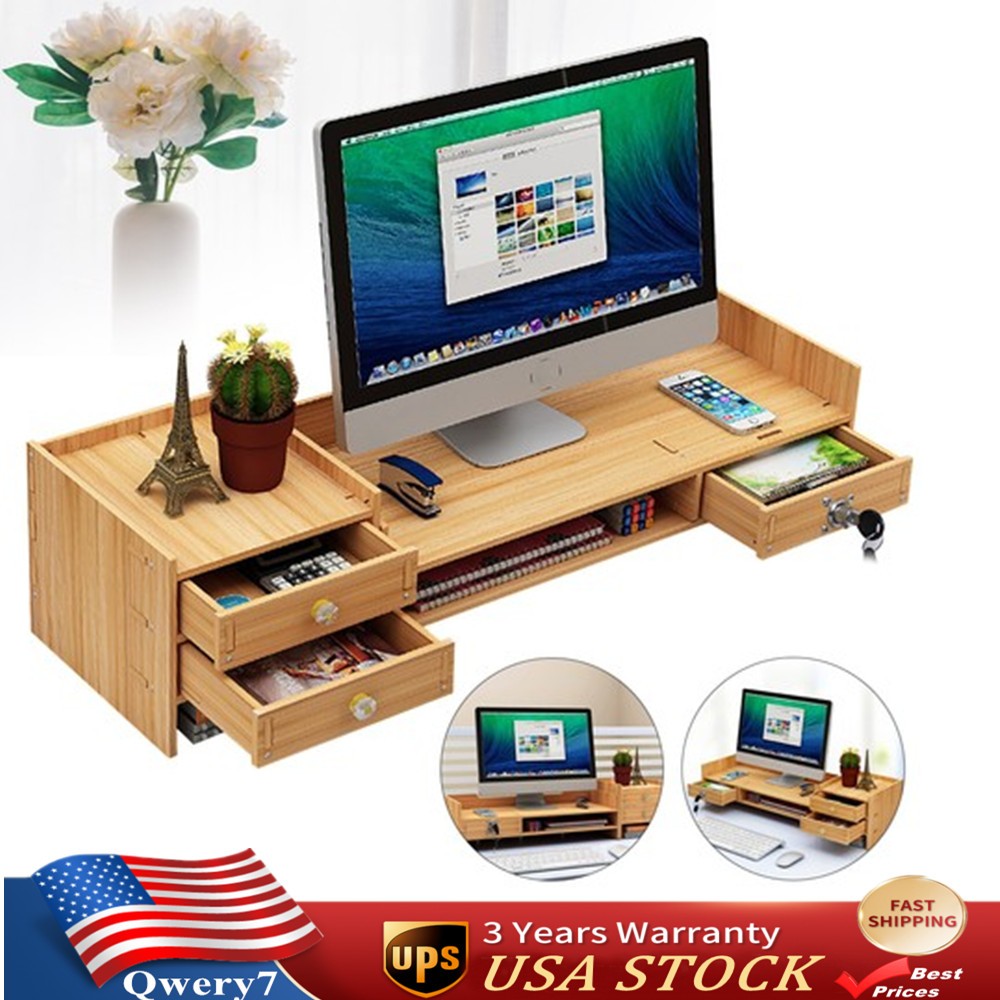 Wooden Desk Organizer with Drawers Office Supplies Computer Desktop Tabletop