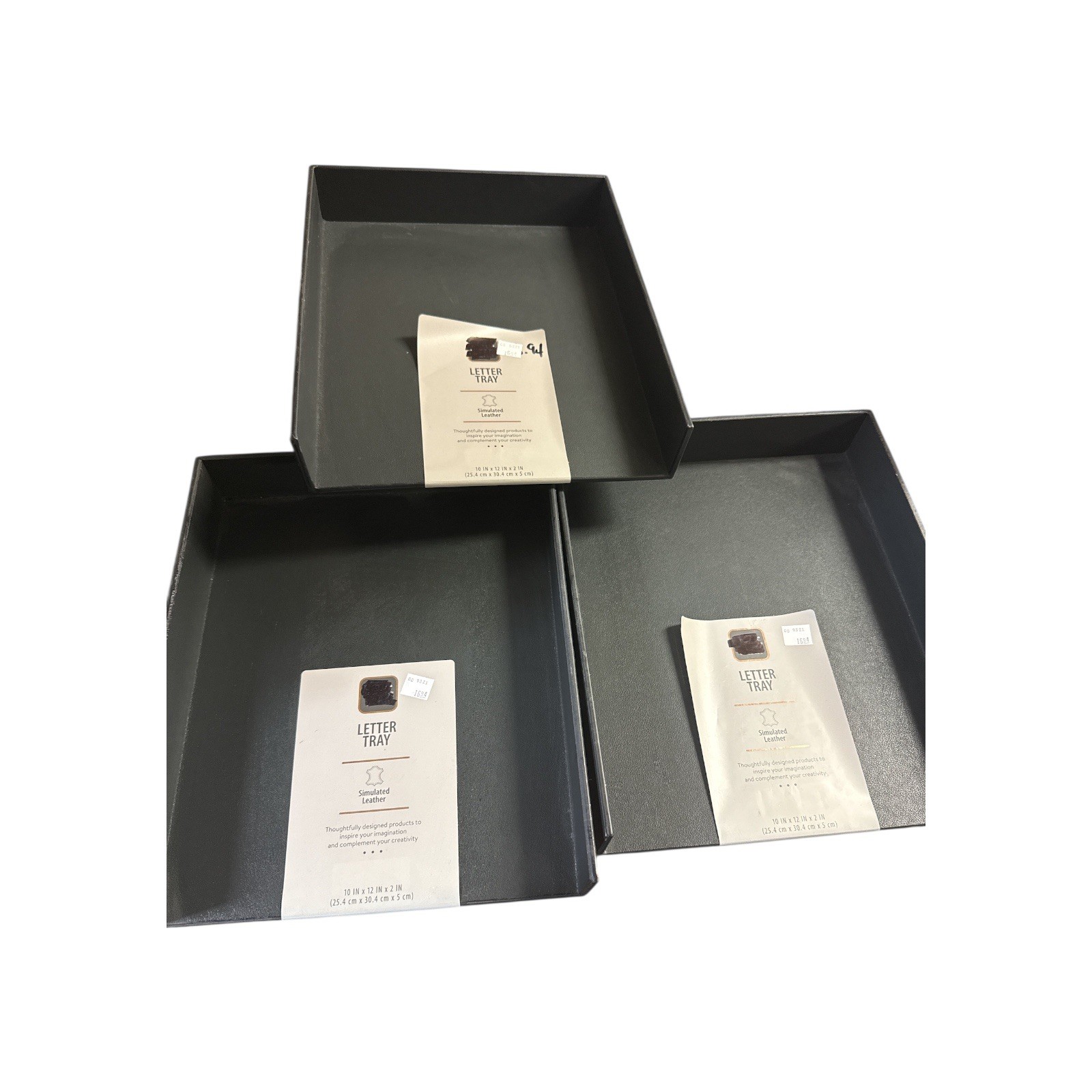 (3 pack)Simulated Leather Letter Tray, 10 in x 12 in x 2 in, Rich Black New .