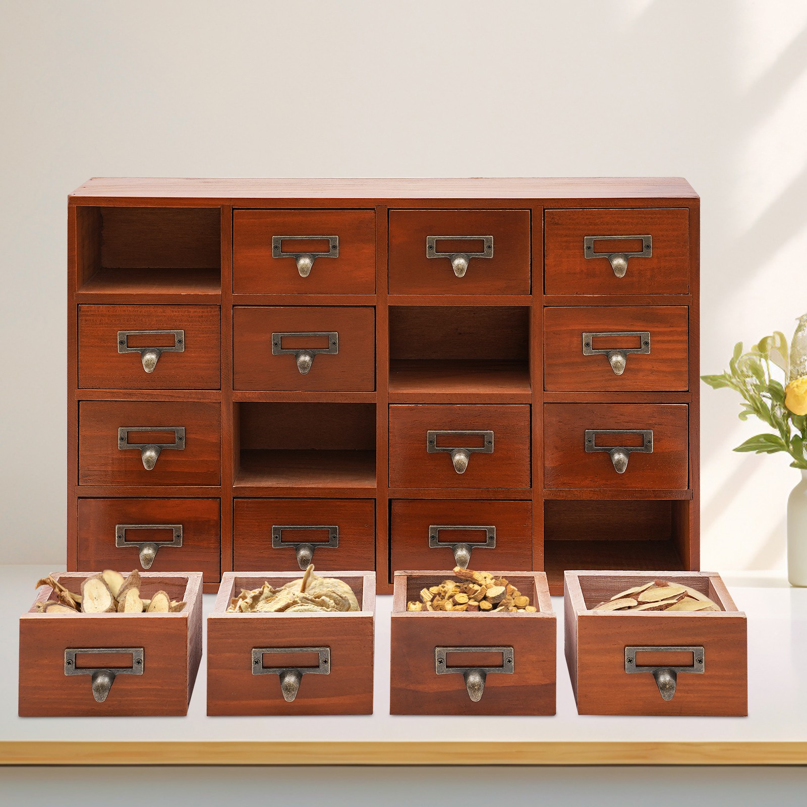 Vintage Library Desk Drawer Organizer – Wooden Storage Box with 16 Drawers Retro