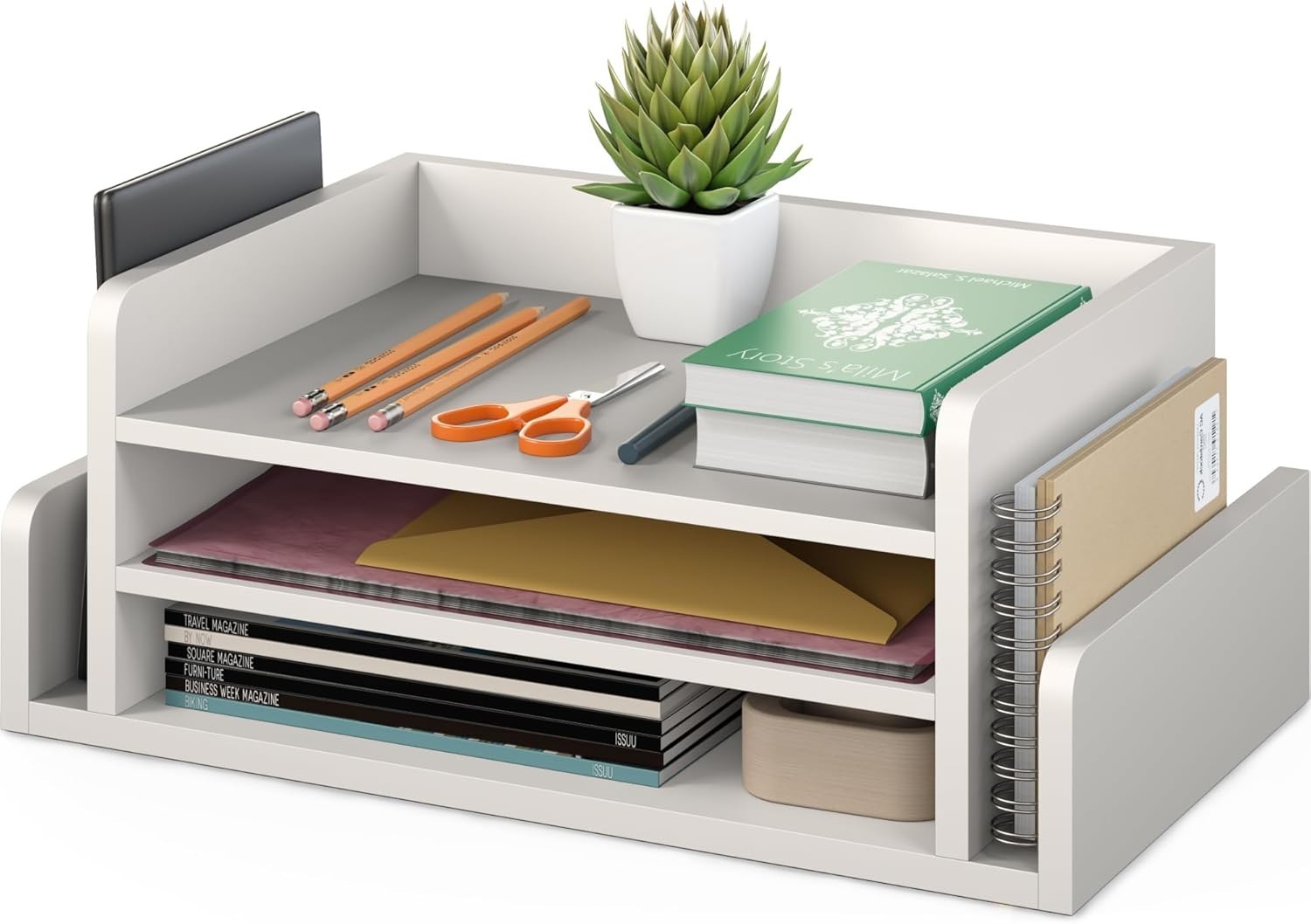 3-Tier Wood Desk Organizer Letter Tray File Holder w/ 2 Mail Slots White