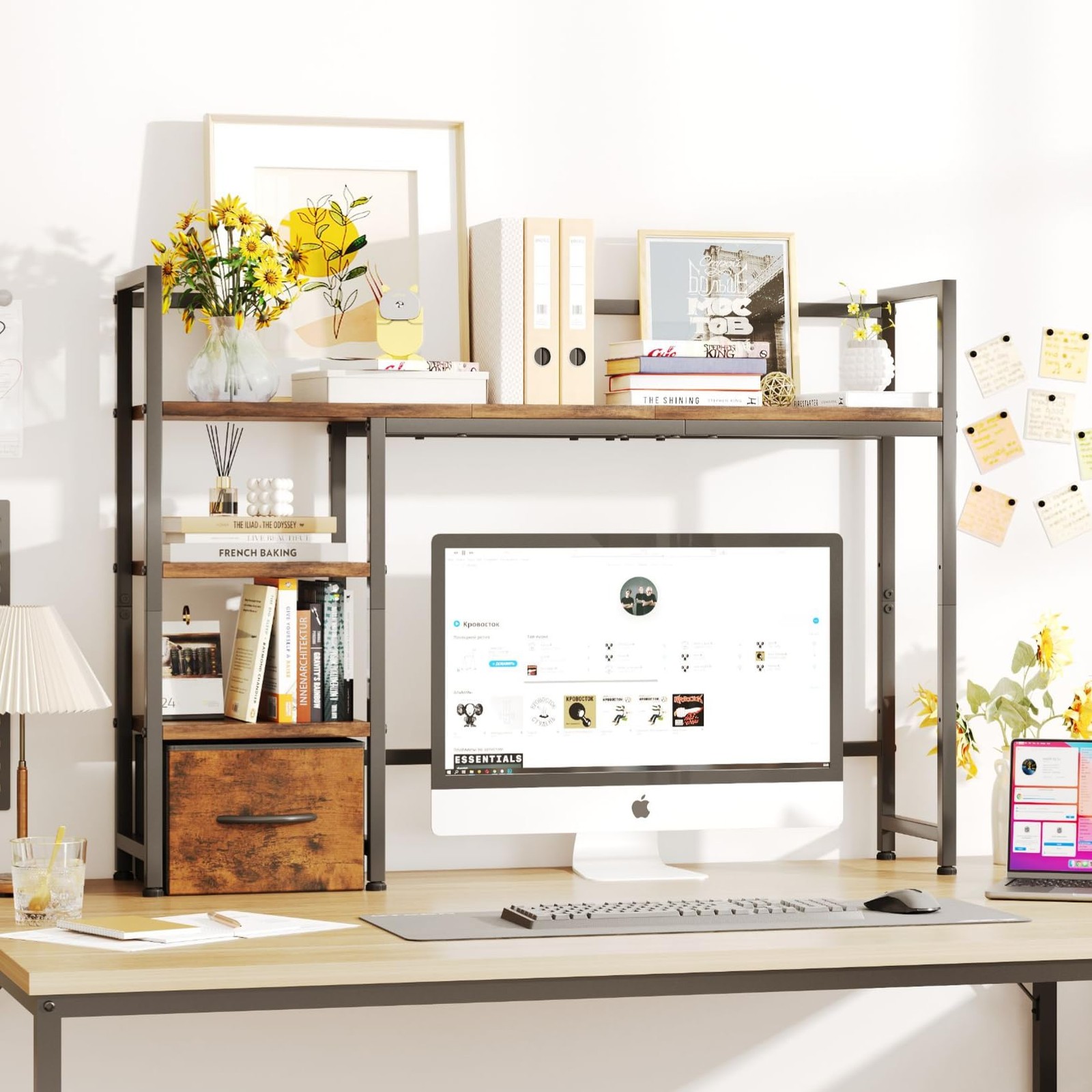 Desk Shelf with Drawer, 41.3″ Desktop 41.3″L × 9.5″W × 29.9″H, Rustic Brown