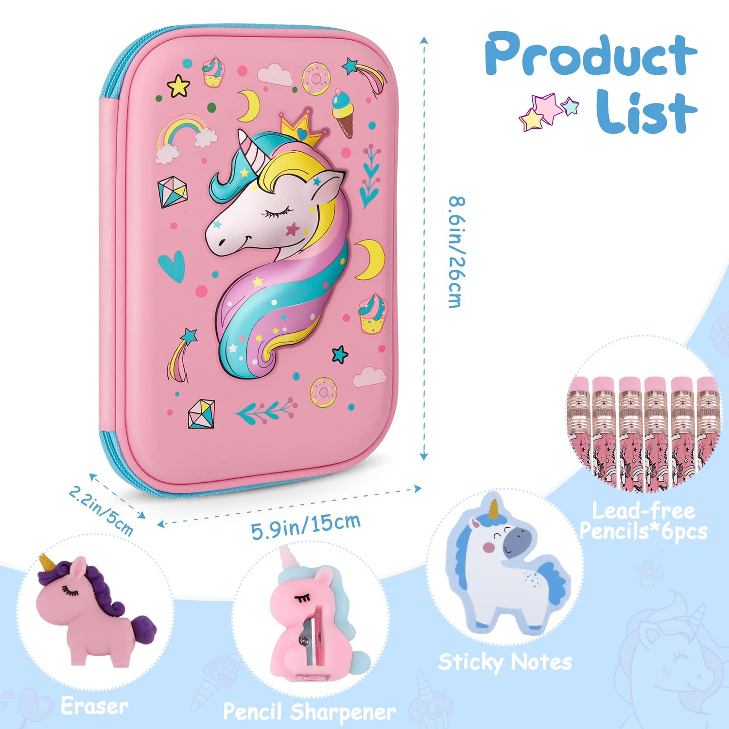 Pencil Case for Girls,Cute Unicorn Stationary Set for Kids,3D EVA School Larg…