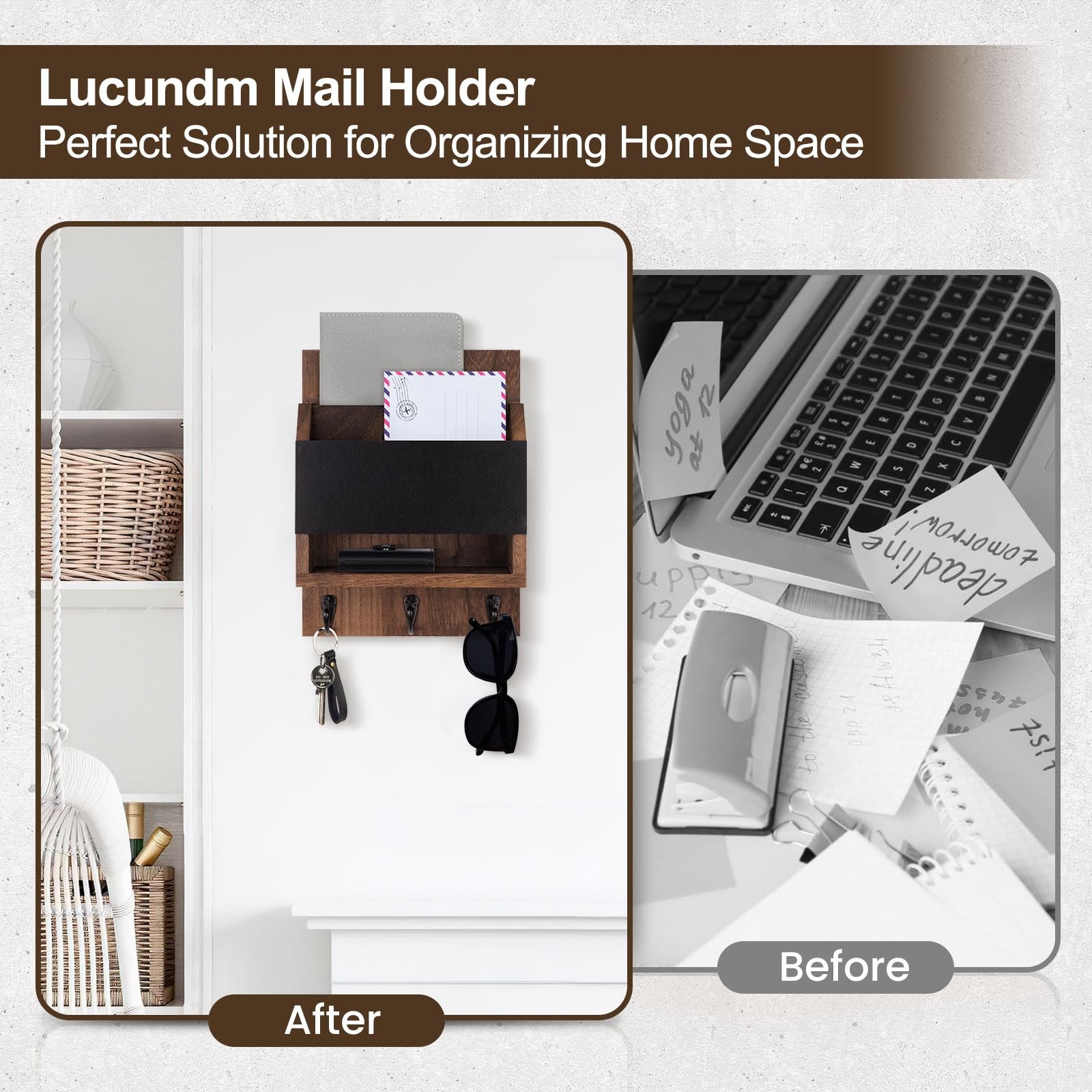 Key and Mail Holder for Wall, Key Holder with Chalkboard and Long Storage Box…