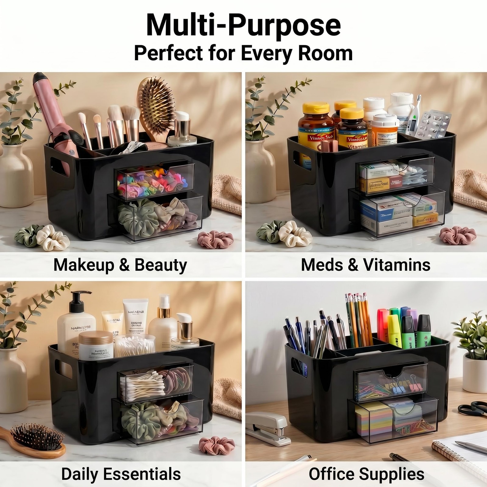 Black Desk Organizer with Drawers, 4 Slots, Side Handles, Pen Holder