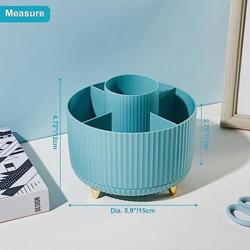360 Degree Rotation Pen Holder, 5 Slots Office Desk Pen Organizer Multi Blue