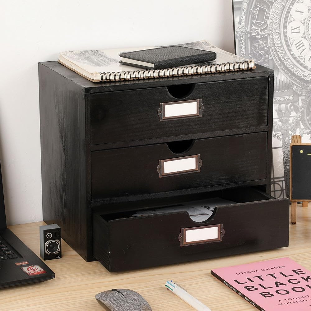 Rustic Wooden Storage Box with 3 Drawers – Stylish Desk Organizer for Home & Off