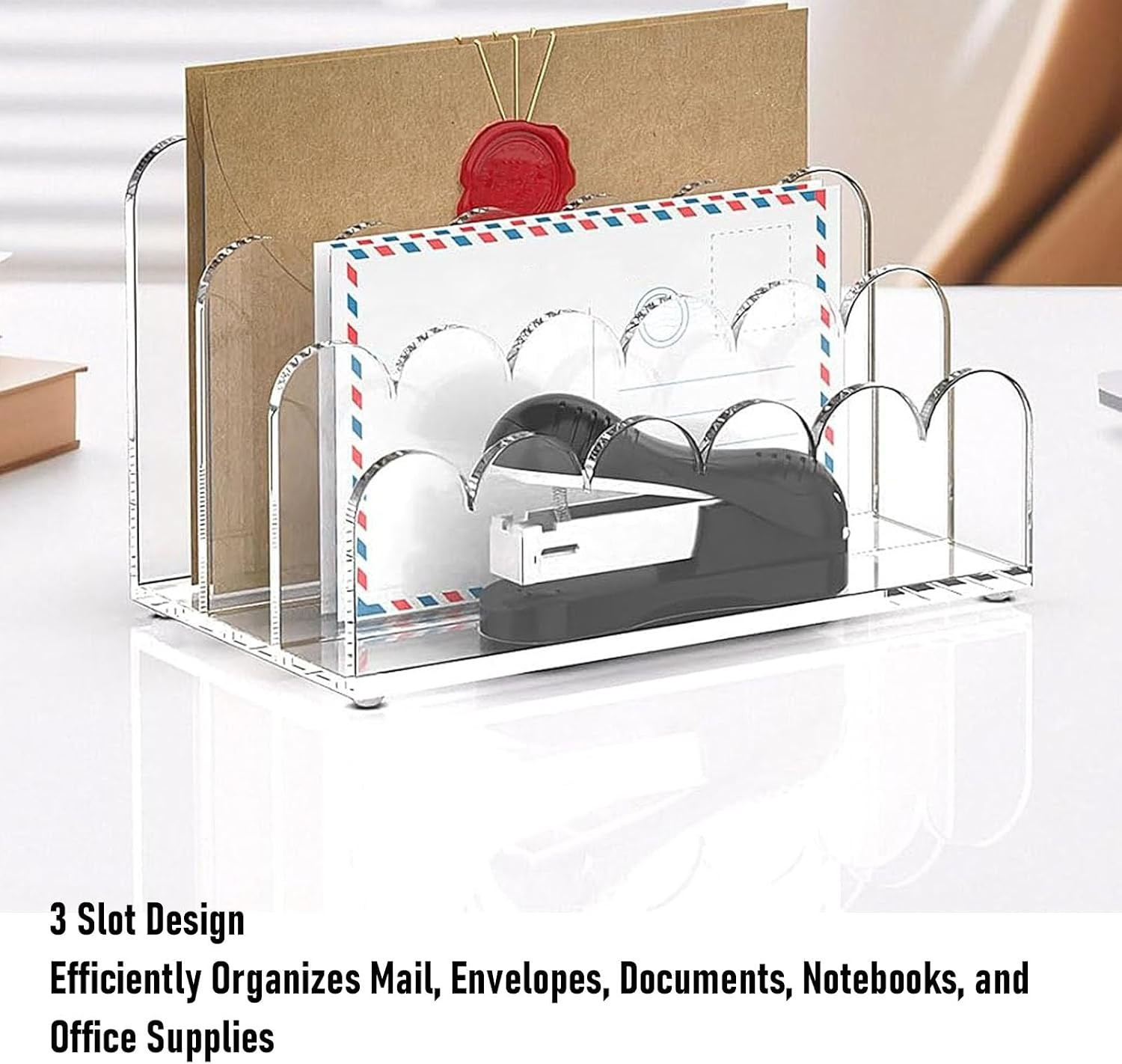 Generic Mail Organizer for Desk, 3 Compartment Acrylic Desktop File Sorter, Mult