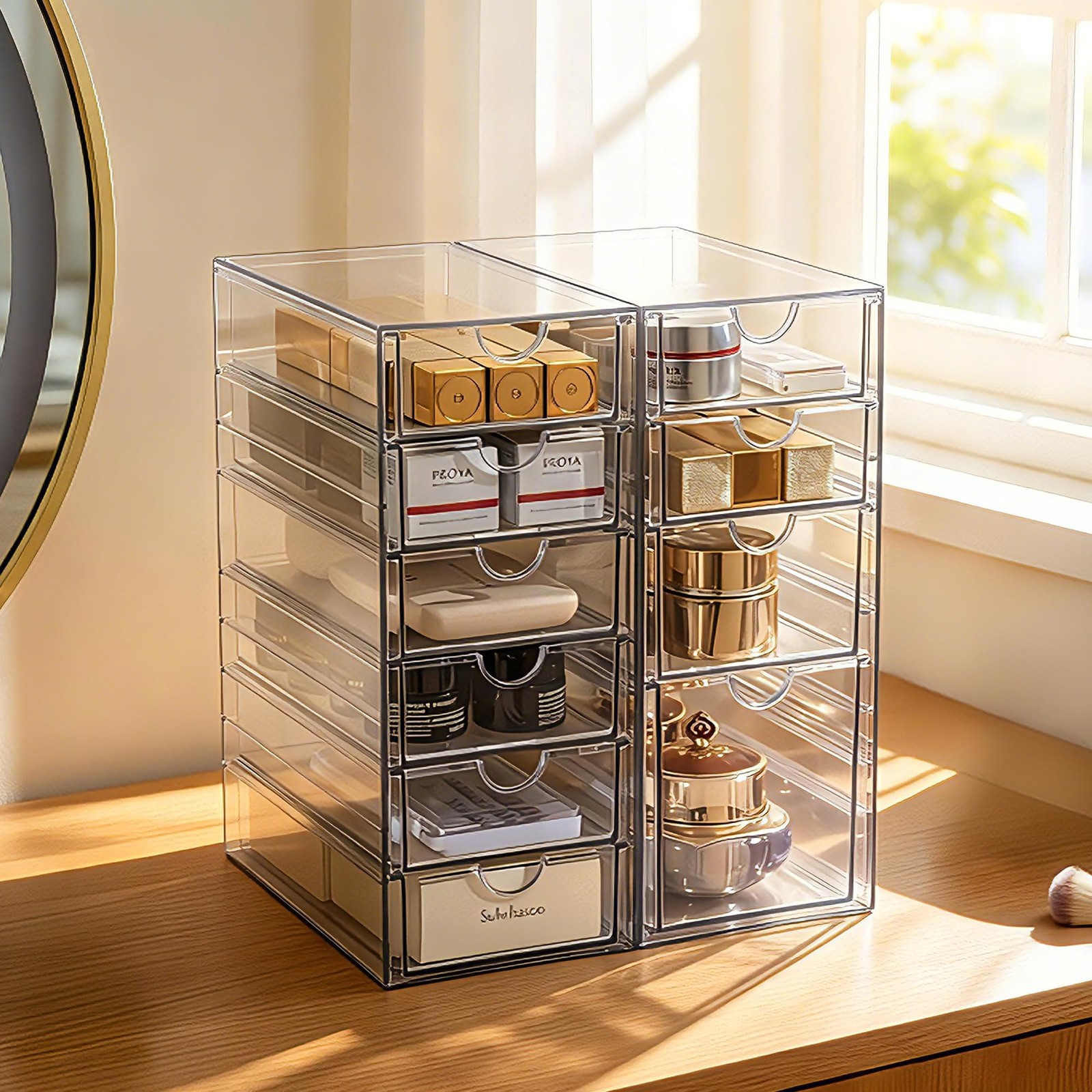 Prsildan Acrylic Drawer Makeup Organizer with 10 Drawers, Set of Transparent