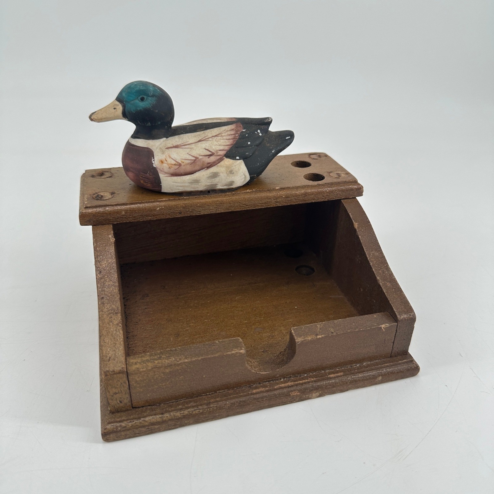 Vintage Wooden Mallard Duck Desk Organizer Pen Holder Sticky Note Caddy Rustic
