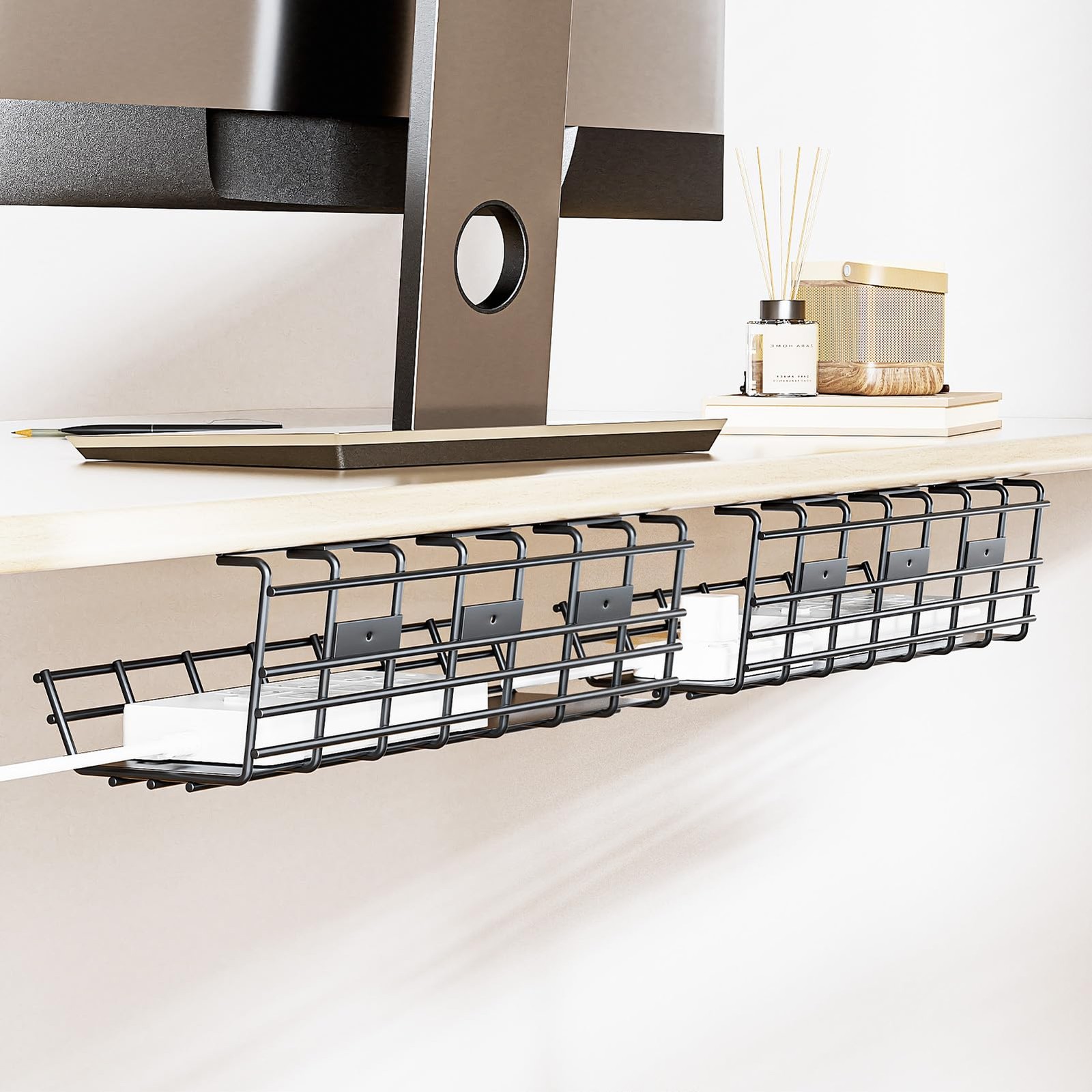 2 Pack DELAMU Under Desk Cable Management Tray, Large Metal 33 inches, Black