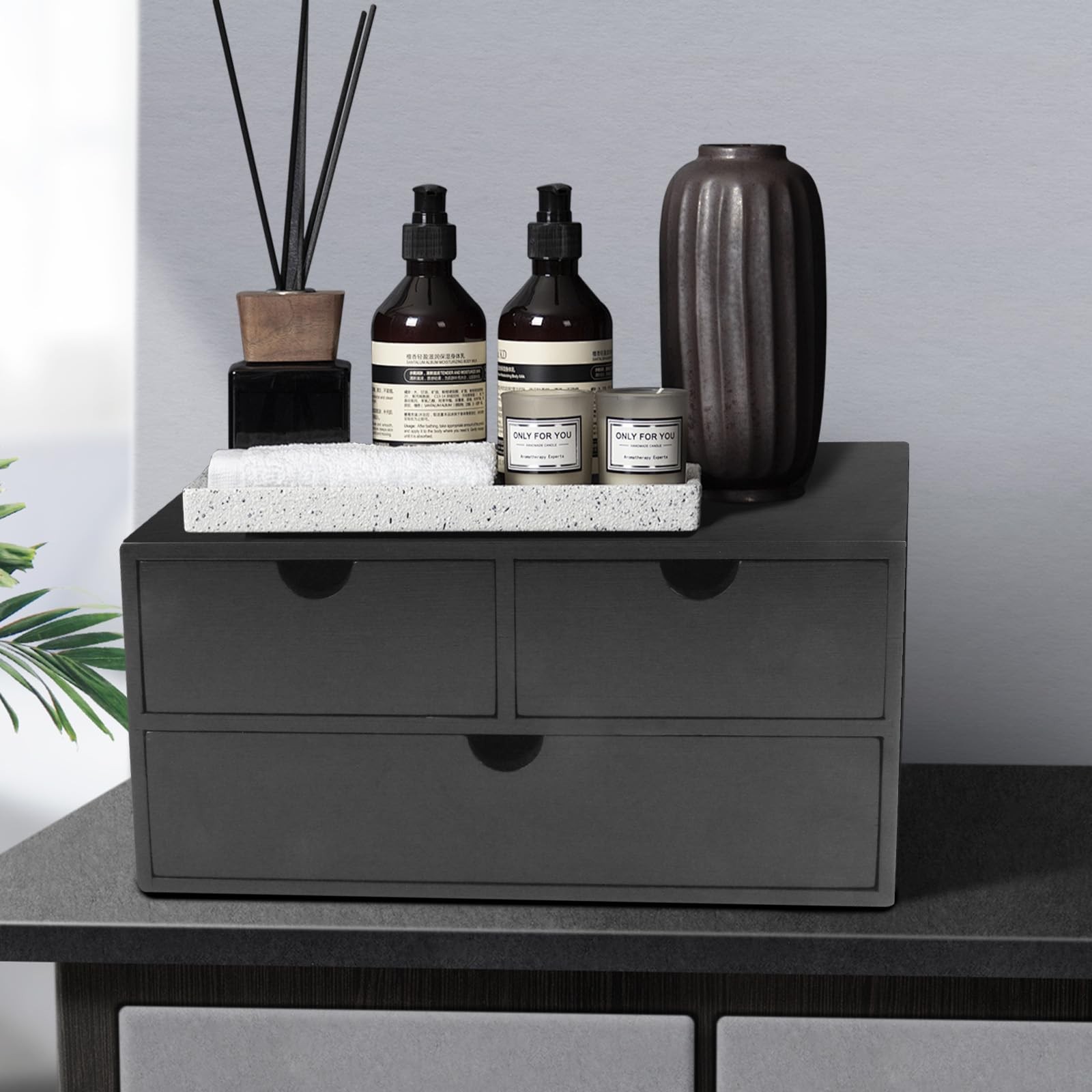 Charmewooden Bamboo Desk Organizer with 3 12.99″D x 6.7″W x 6.3″H, Black