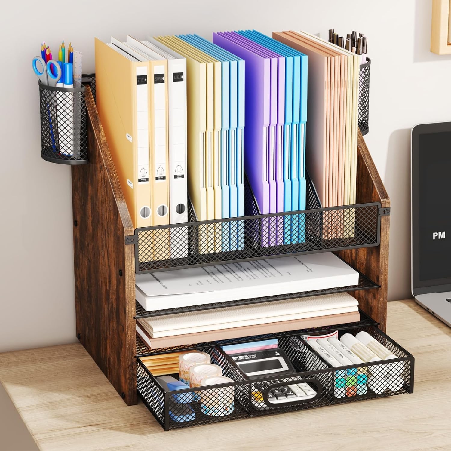 Desk Organizer with Drawers – Mesh and Wood File Pen Holders 4-Tier Paper