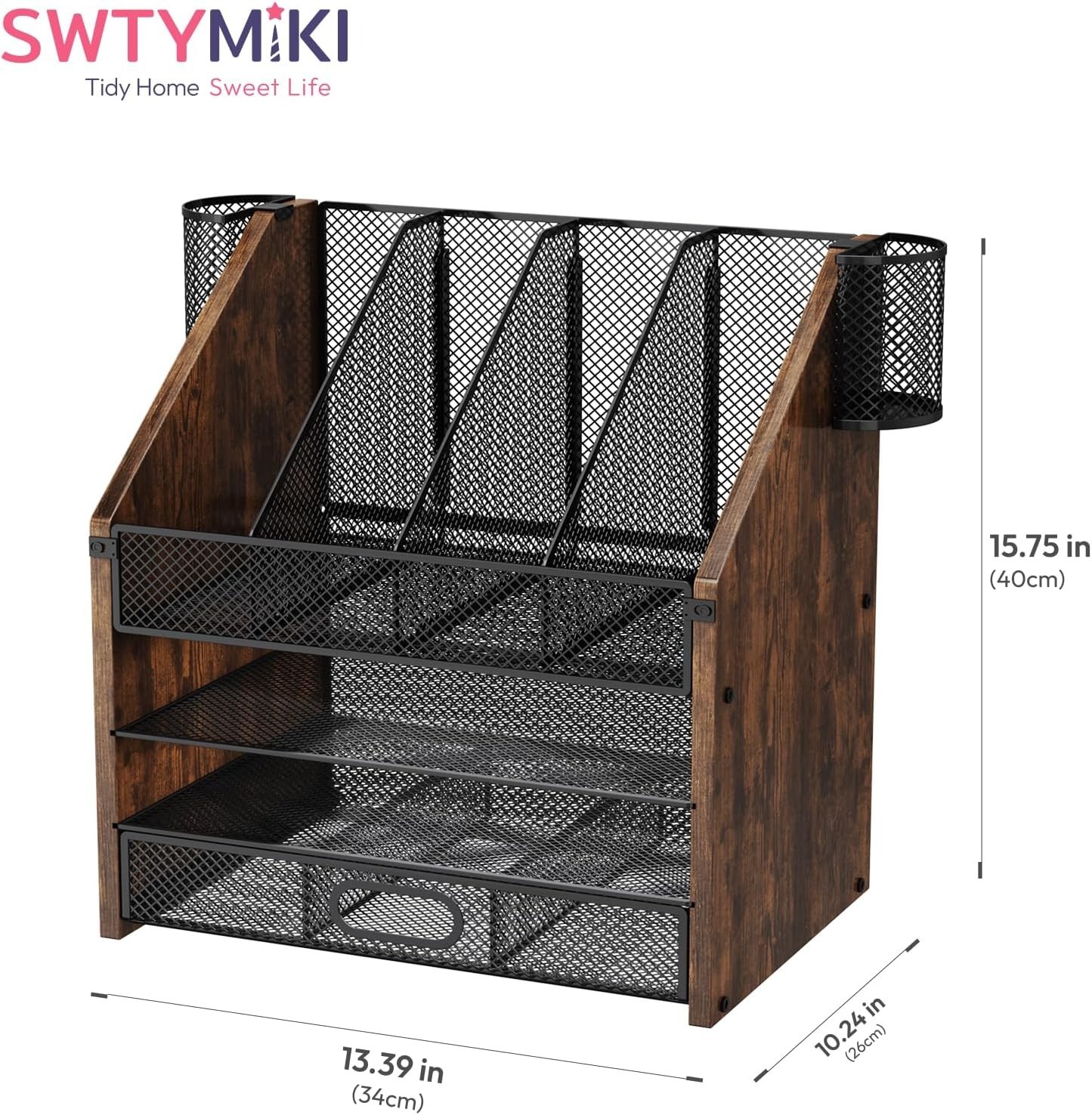 Desk Organizer with Drawers – Mesh and Wood File Pen Holders 4-Tier Paper